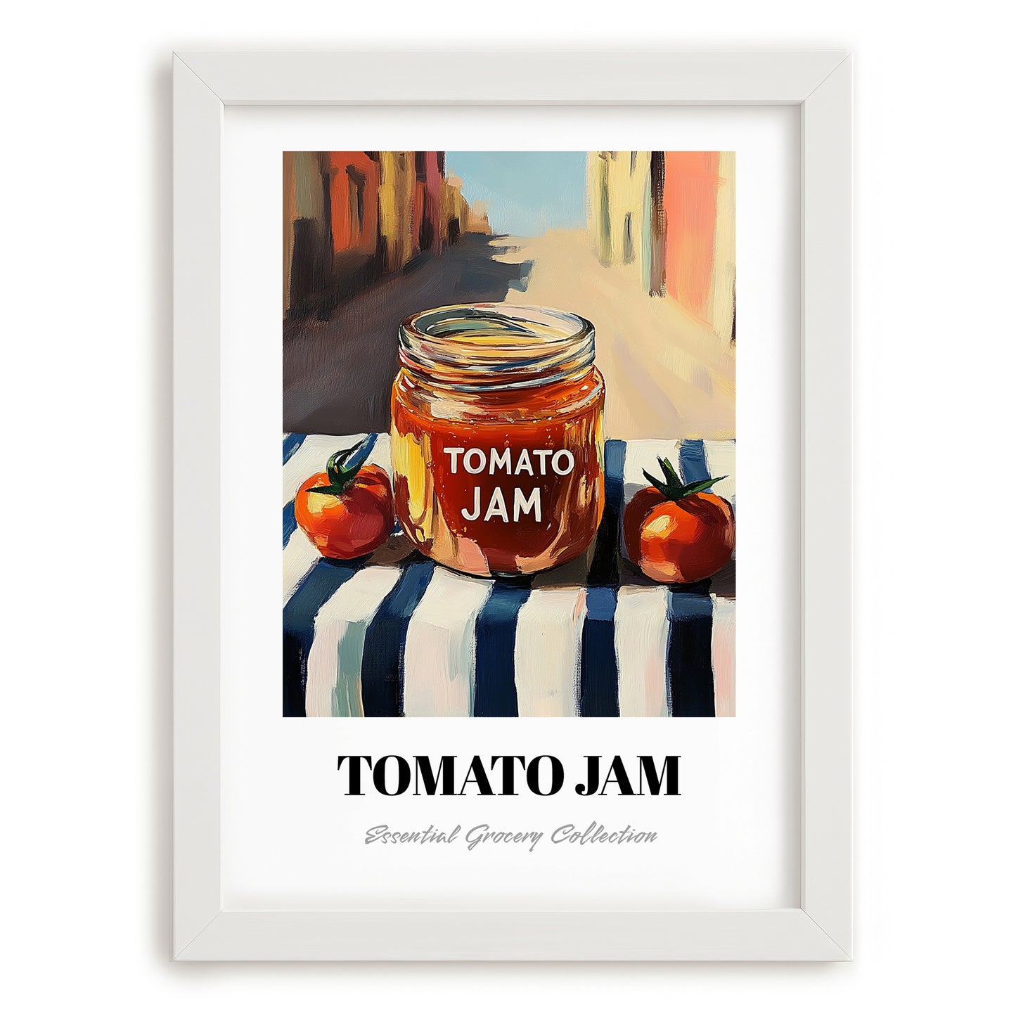 Tomato Jam – Italian Outdoor Café Scene, Jam Wall Decor, placed in minimal white frame