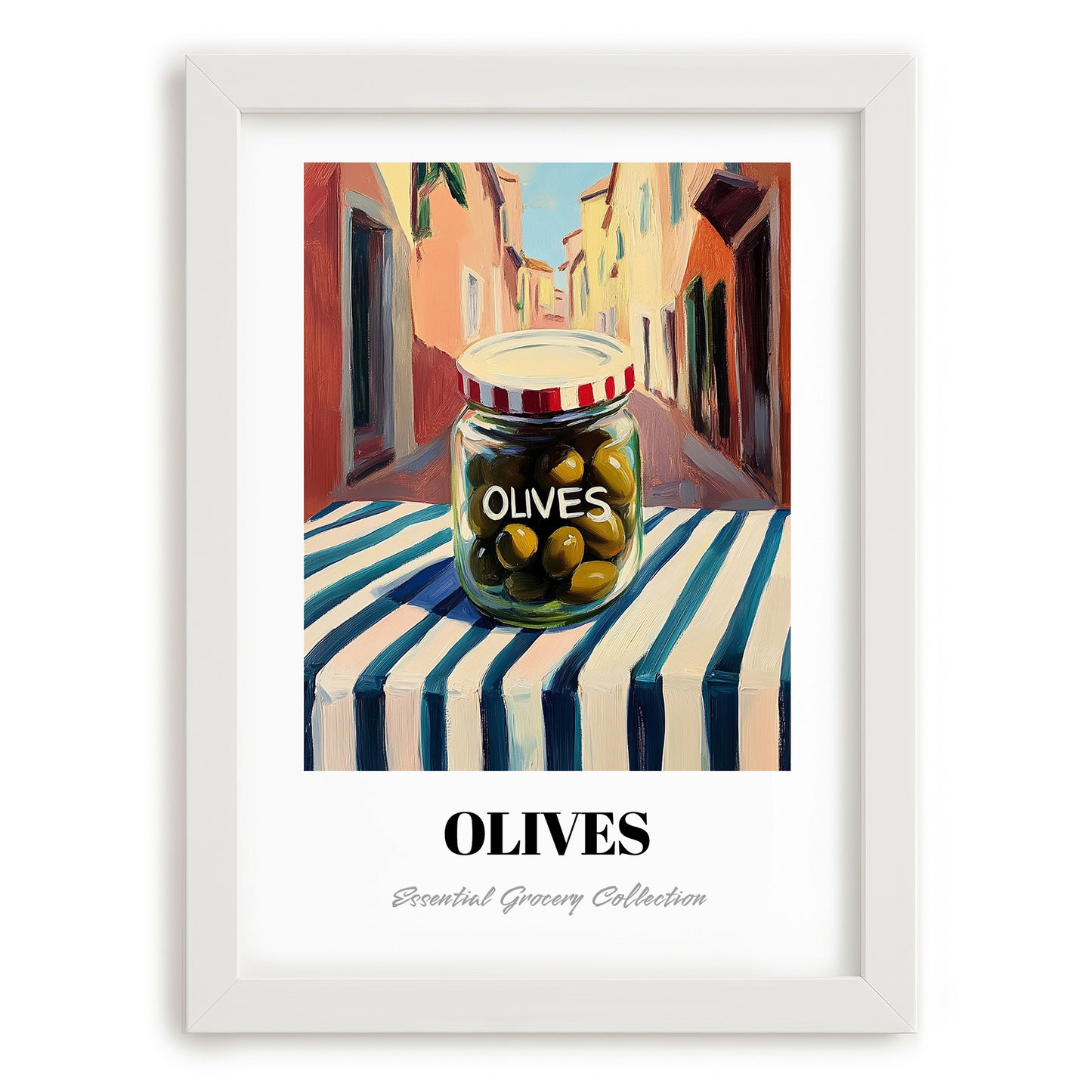 Olives – Italian Outdoor Café Scene, Canned Vegetables Print, placed in minimal white frame