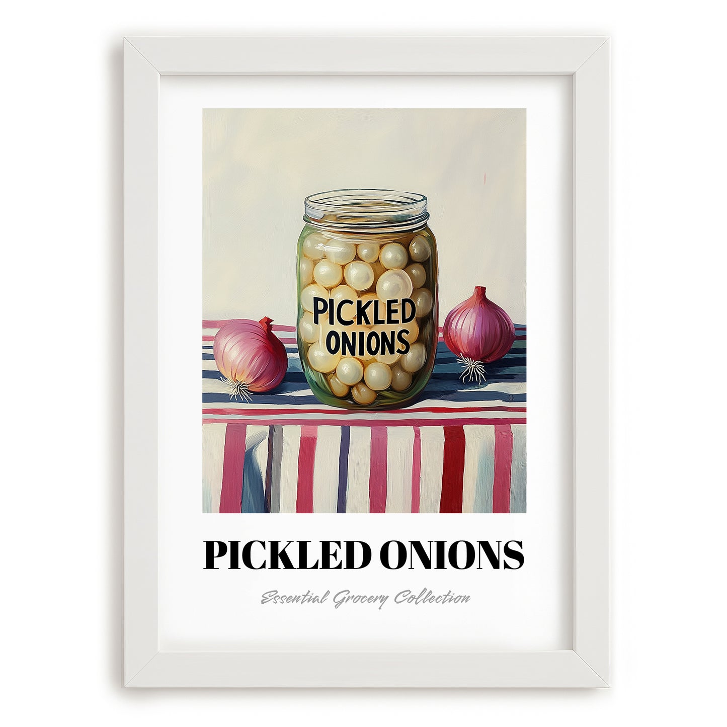 Pickled Onions – on Striped Tablecloth, Canned Vegetables Still Life, placed in minimal white frame