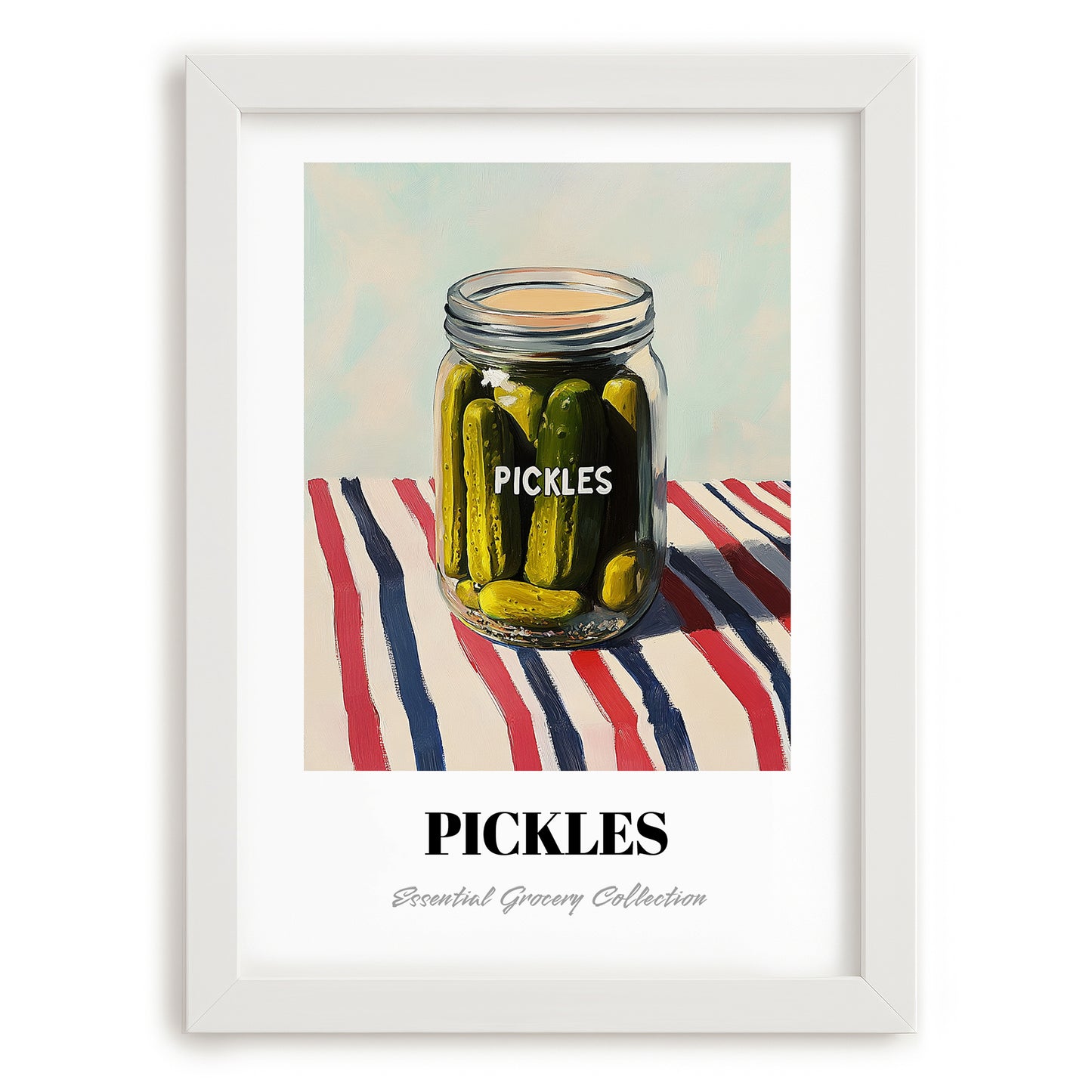 Pickles – on Striped Tablecloth, Canned Vegetables Illustration, placed in minimal white frame