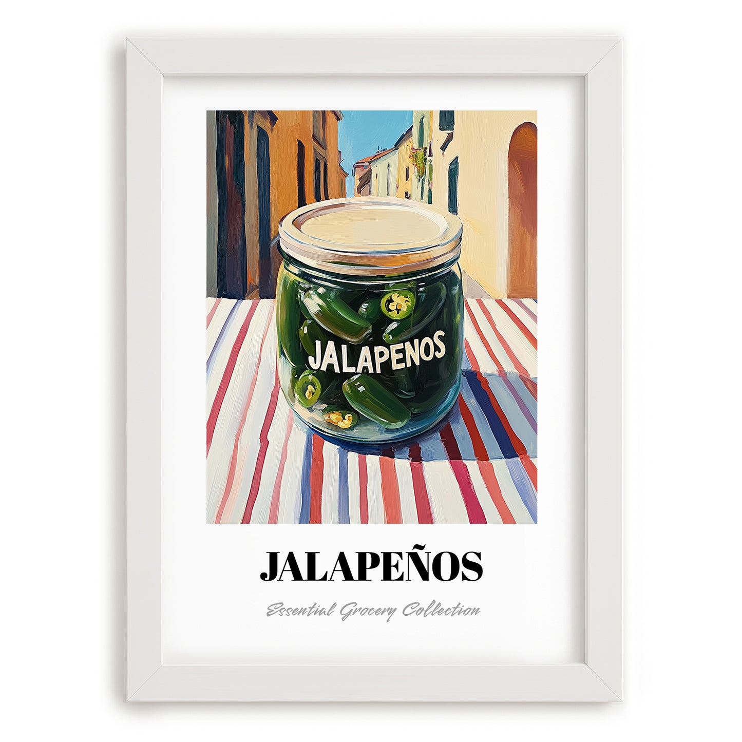 Jalapenos – Italian Urban Café Scene, Canned Vegetables Still Life, placed in minimal white frame