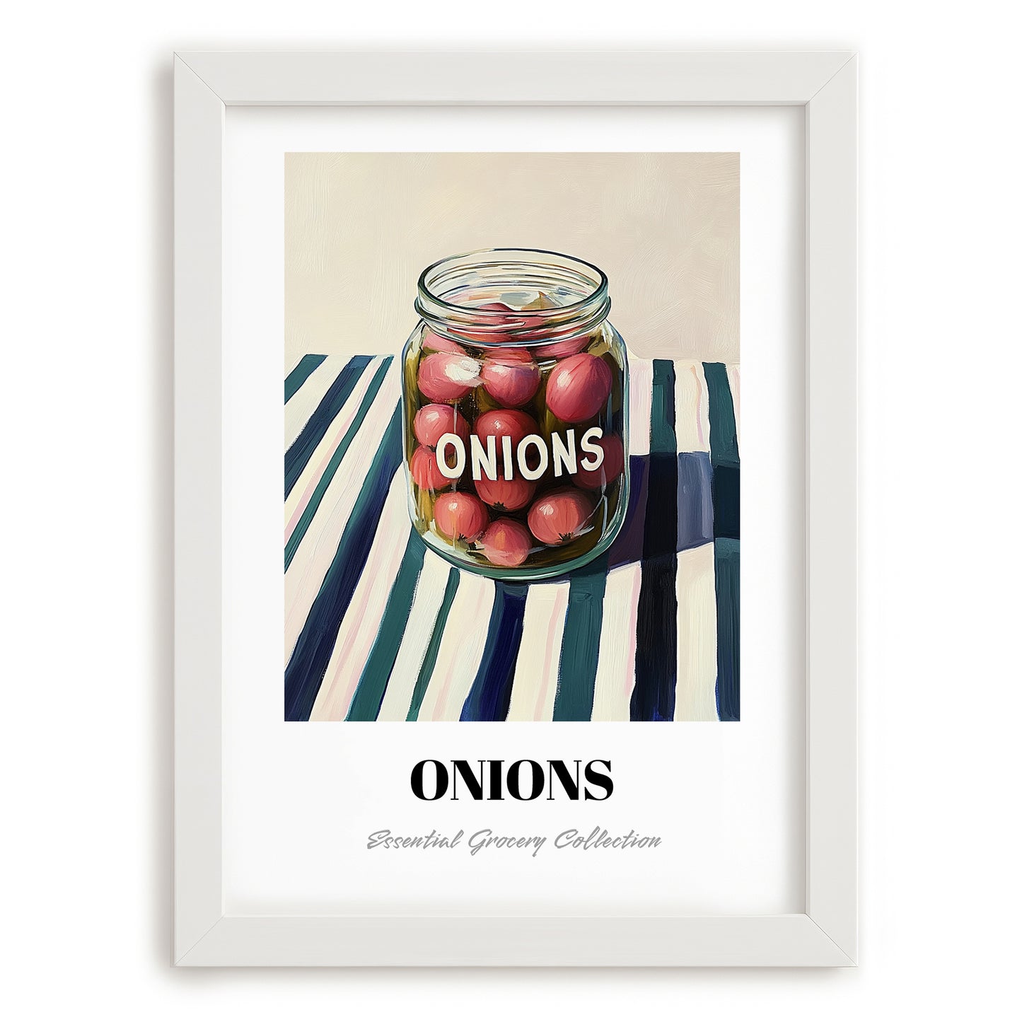 Onions – on Striped Tablecloth, Canned Vegetables Poster, placed in minimal white frame