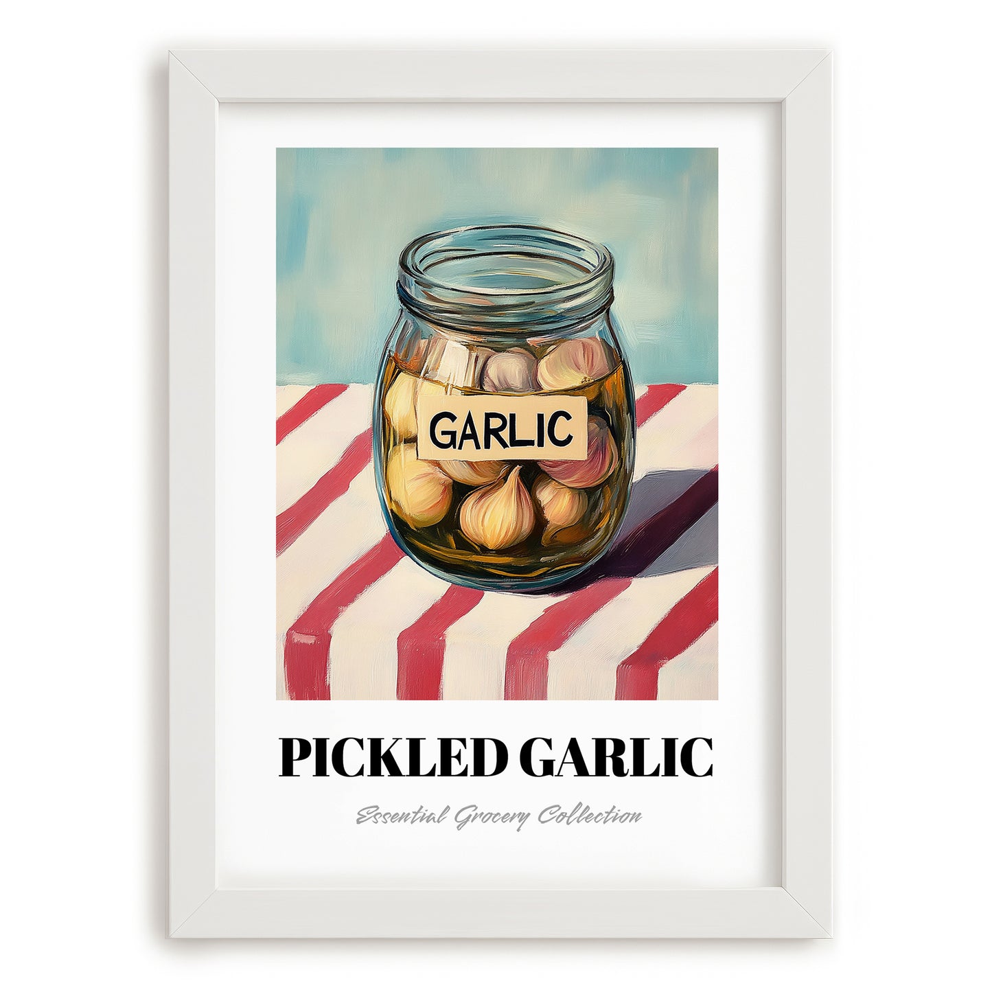 Pickled Garlic – on Striped Tablecloth, Canned Vegetables Still Life, placed in minimal white frame