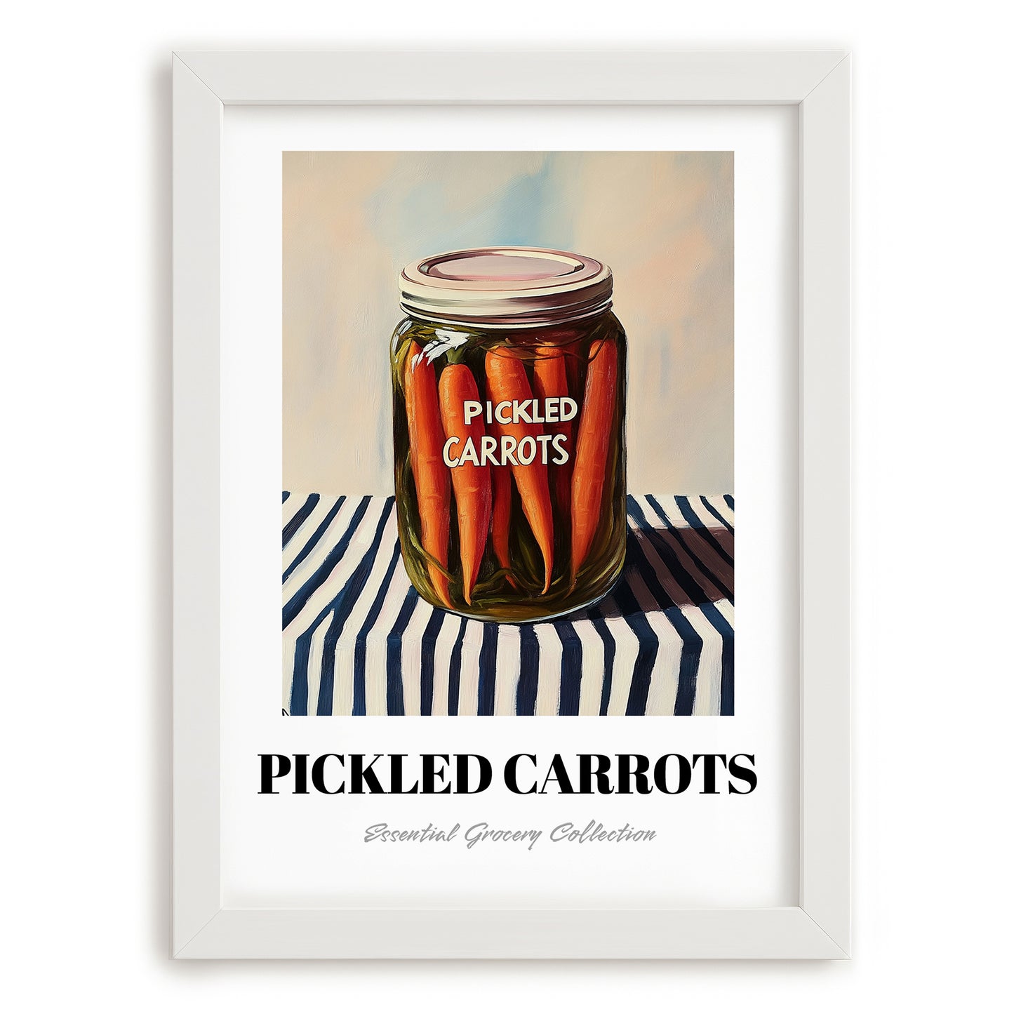 Pickled Carrots – on Striped Tablecloth, Canned Vegetables Wall Decor, placed in minimal white frame