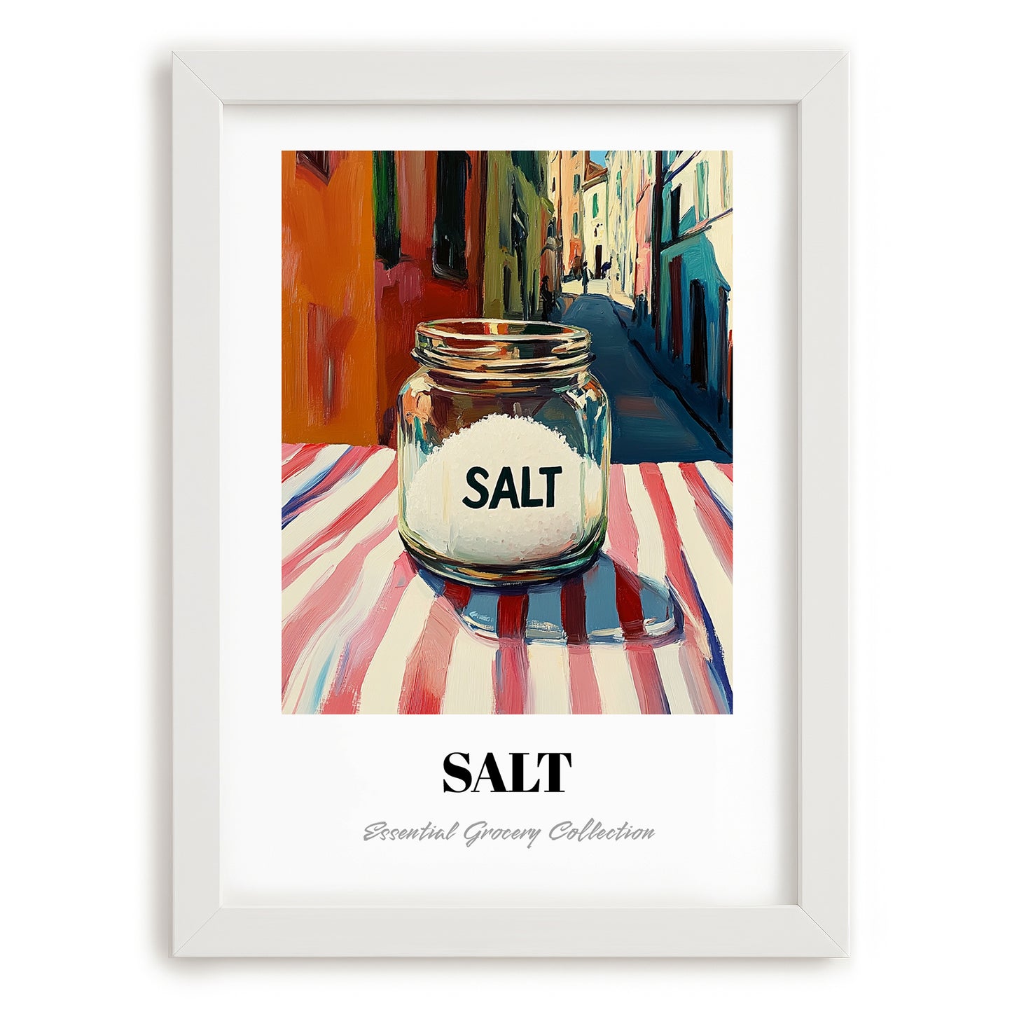 Salt – Italian Outdoor Café Scene, Spices Still Life, placed in minimal white frame