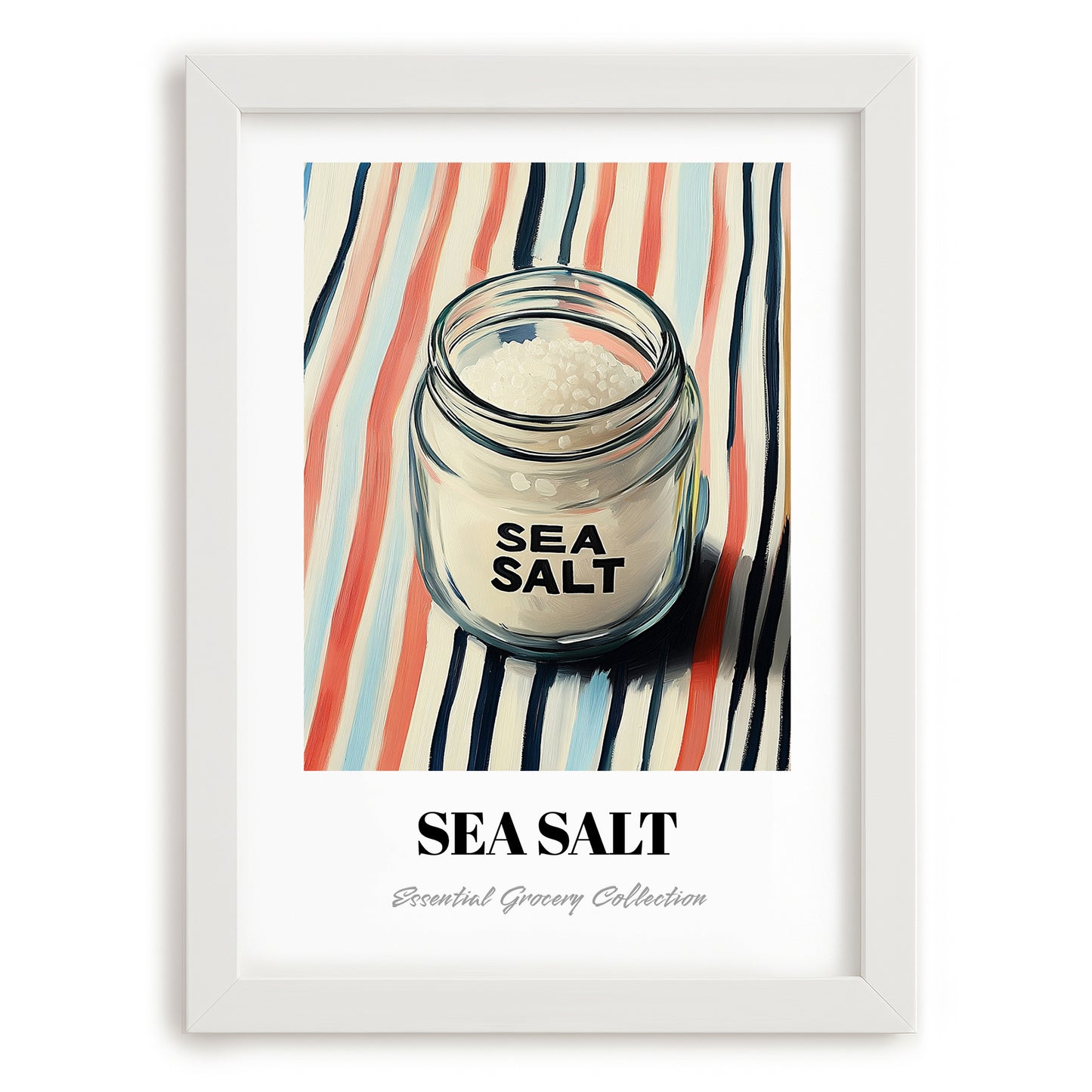 Sea Salt – on Striped Tablecloth, Spices Poster, placed in minimal white frame