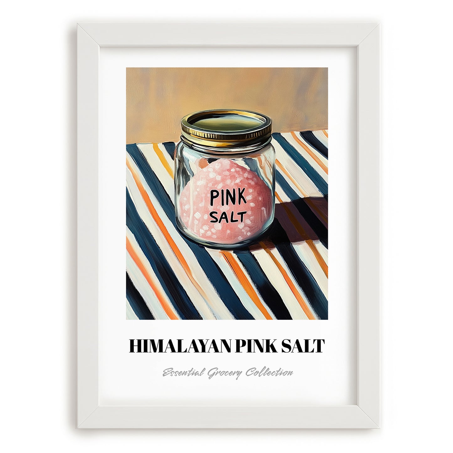Himalayan Pink Salt – on Striped Tablecloth, Spices Poster, placed in minimal white frame