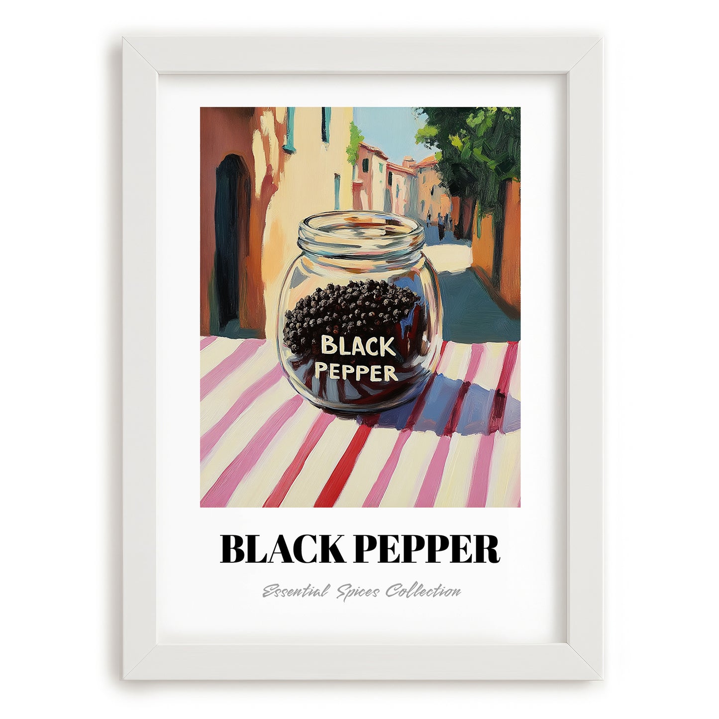 Black Pepper – Italian Outdoor Café Scene, Spices Art, placed in minimal white frame