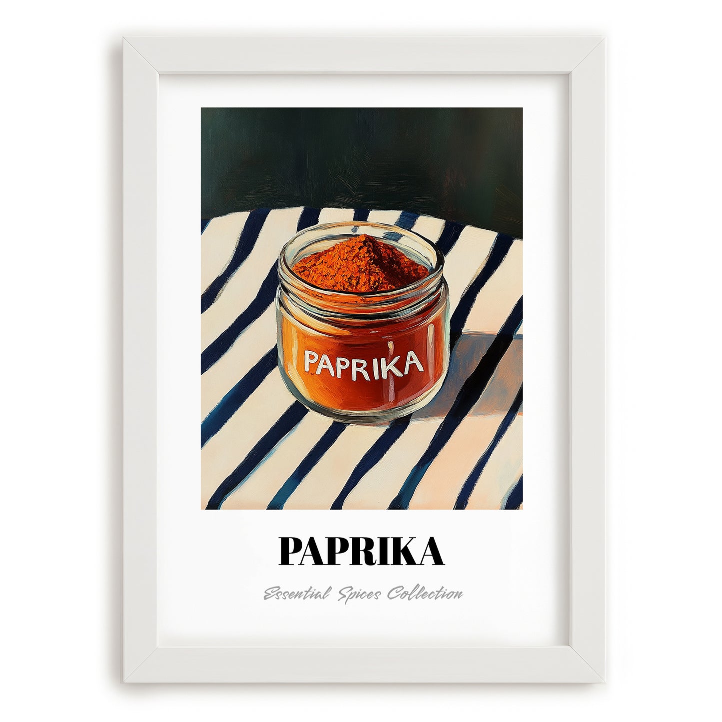 Paprika – on Striped Tablecloth, Spices Wall Decor, placed in minimal white frame