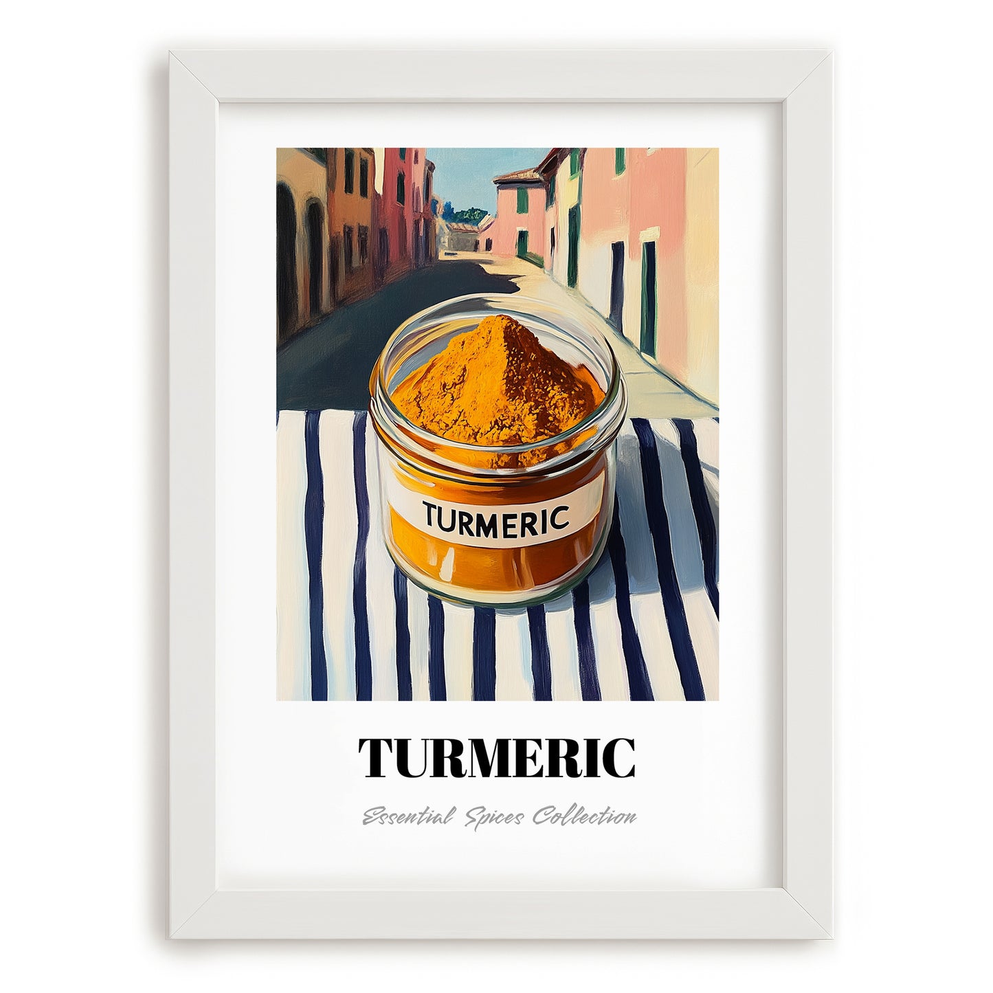 Turmeric – Italian Café on the Corner, Spices Wall Art, placed in minimal white frame