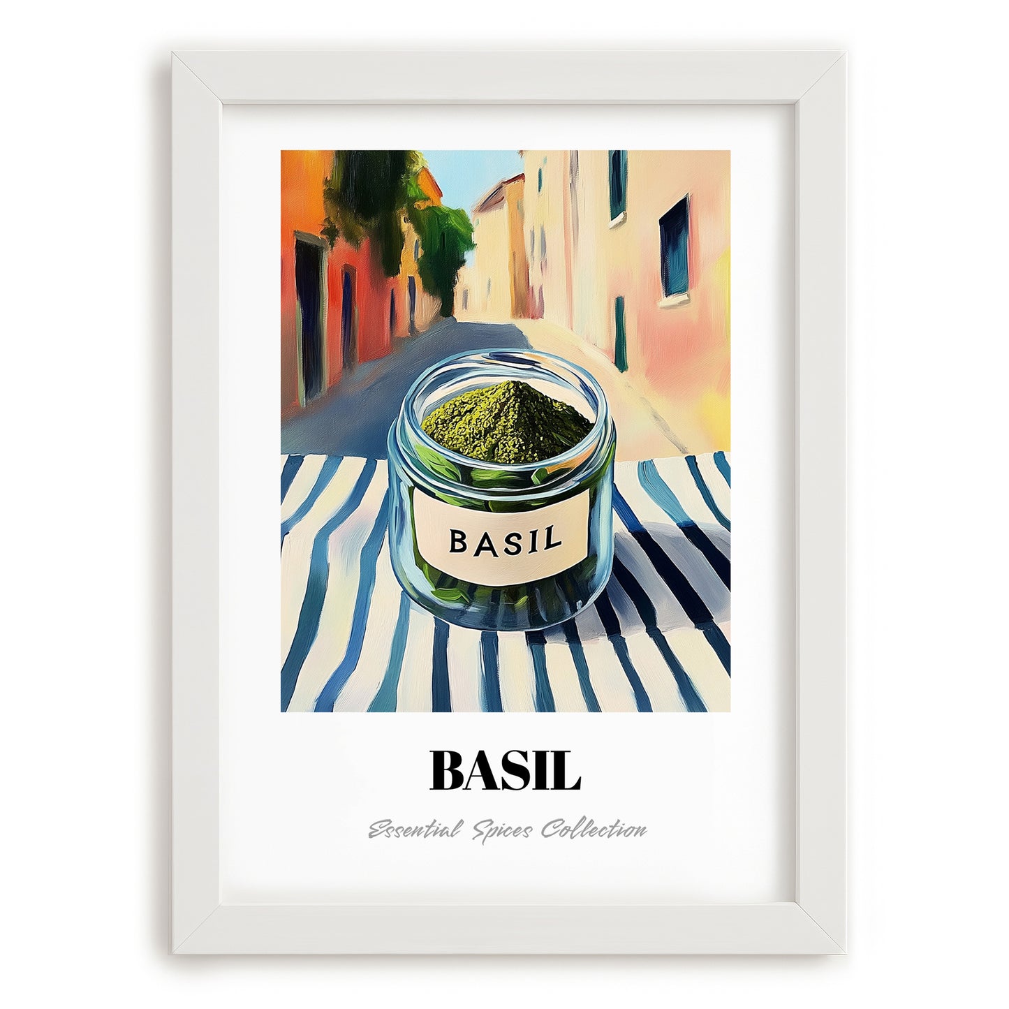 Basil – Italian Outdoor Café Scene, Spices Painting, placed in minimal white frame