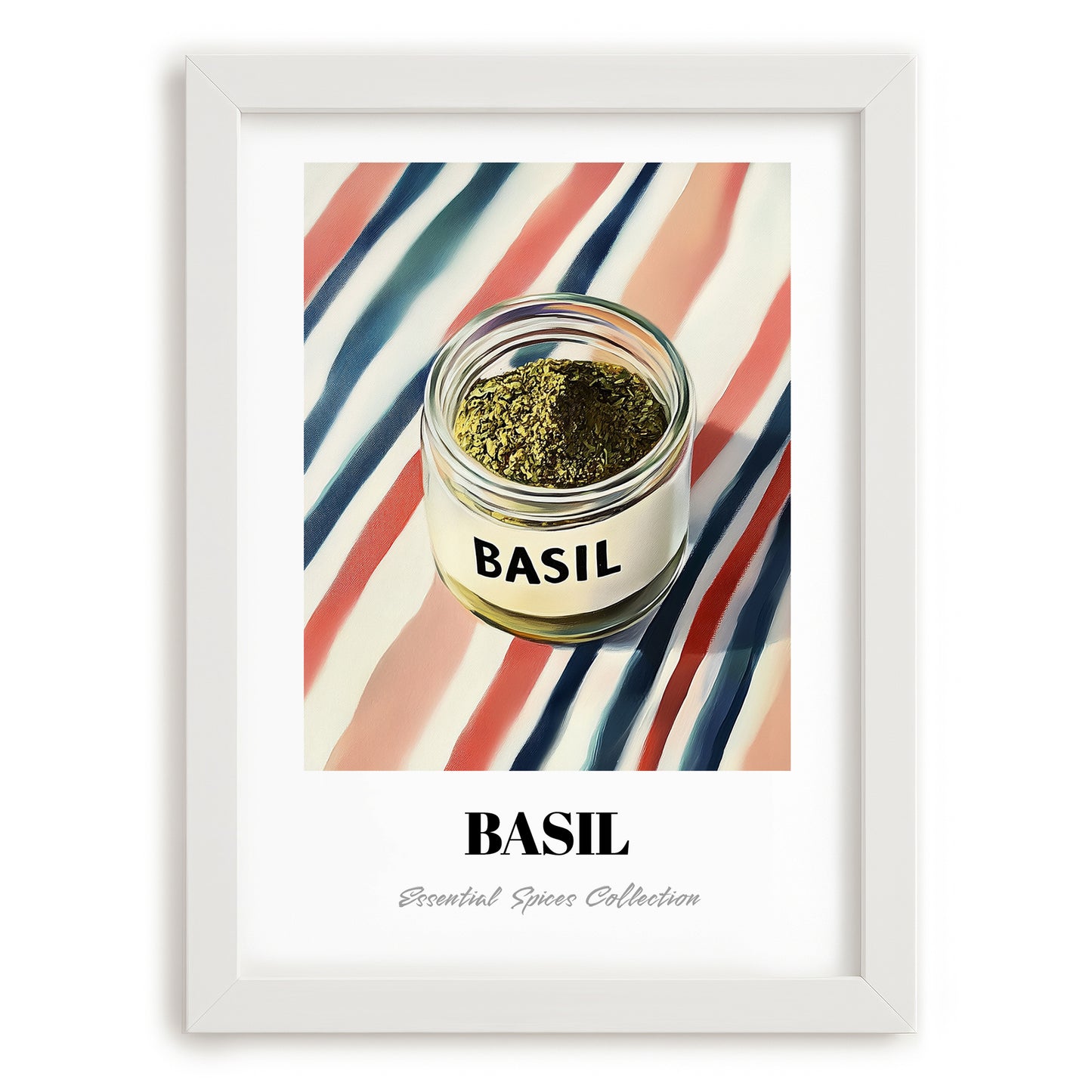 Basil – on Striped Tablecloth, Spices Wall Decor, placed in minimal white frame