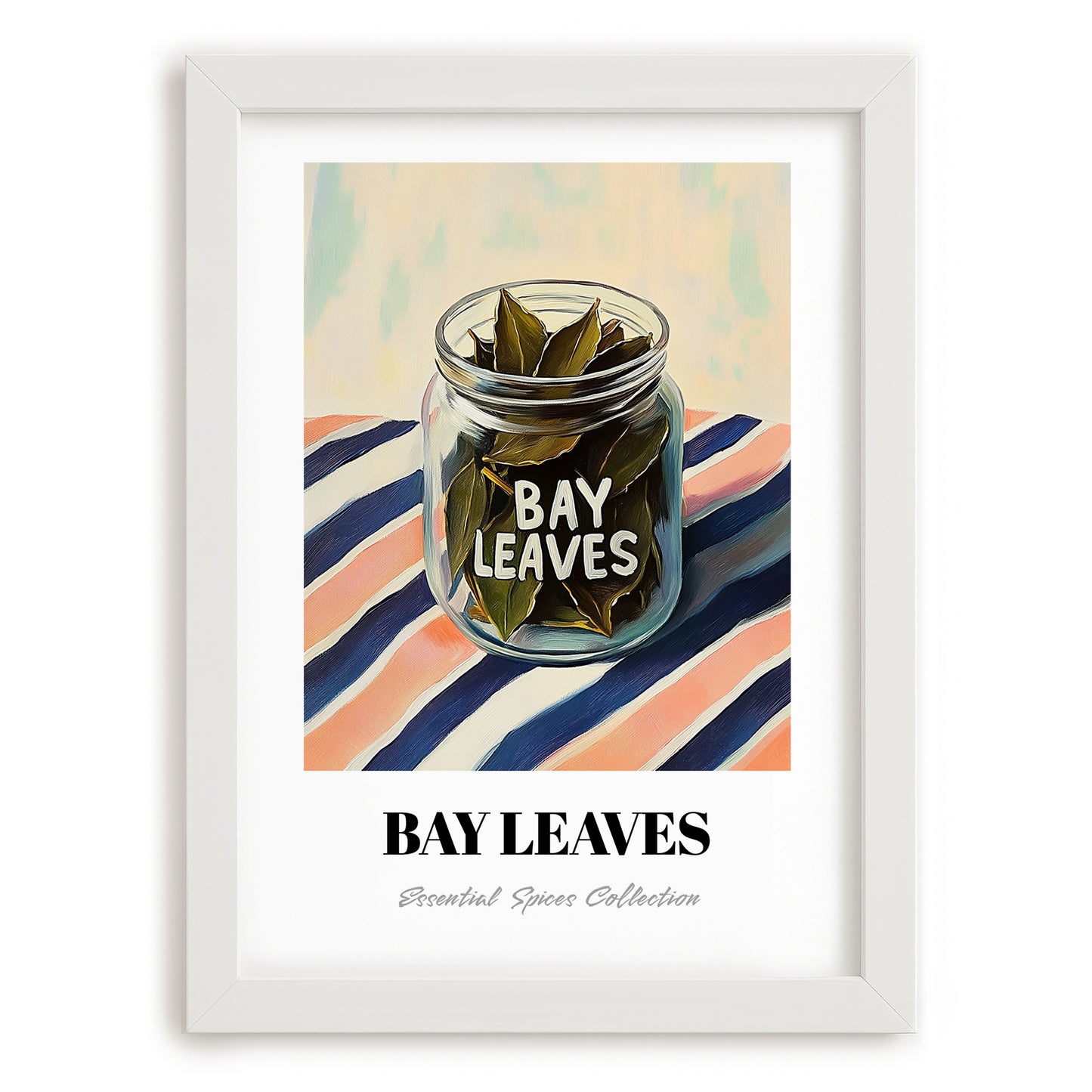 Bay Leaves – on Striped Tablecloth, Spices Wall Decor, placed in minimal white frame