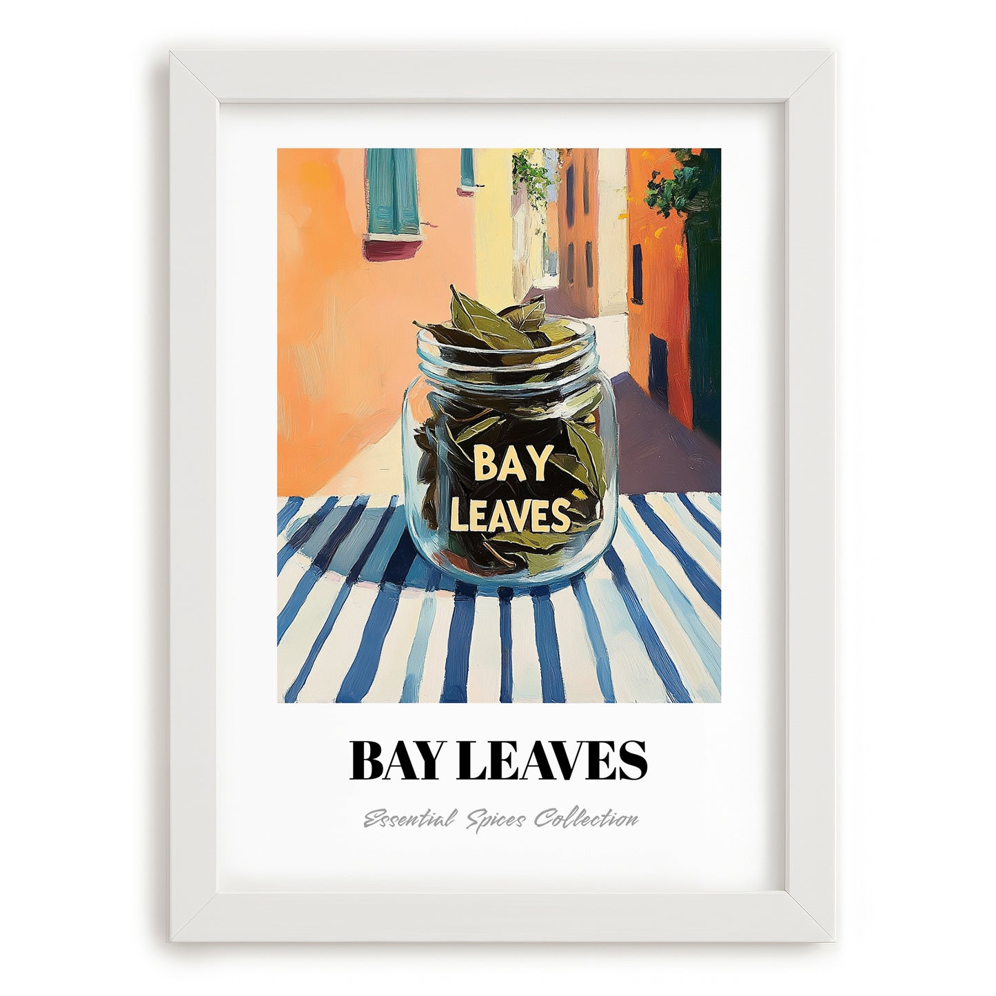 Bay Leaves – Italian Café on the Corner, Spices Illustration, placed in minimal white frame