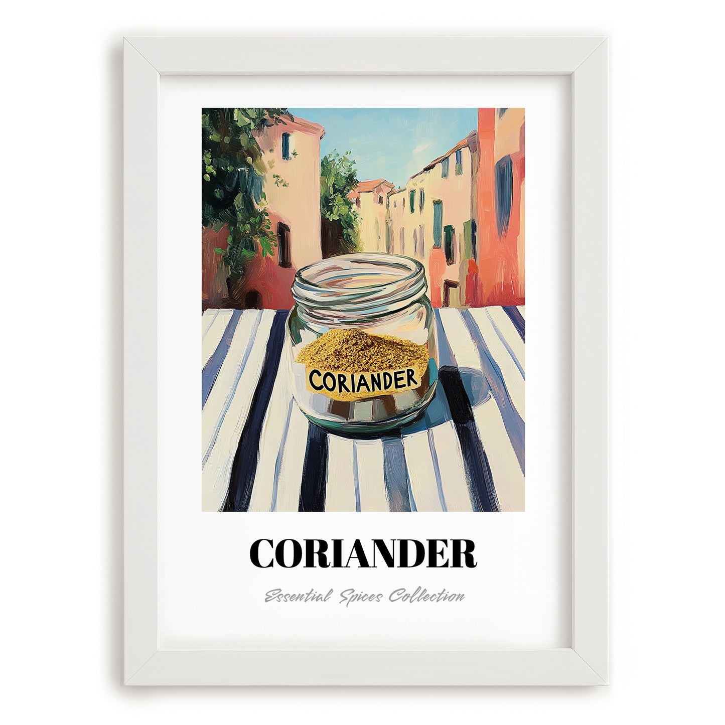 Coriander – Italian Urban Café Scene, Spices Wall Print, placed in minimal white frame