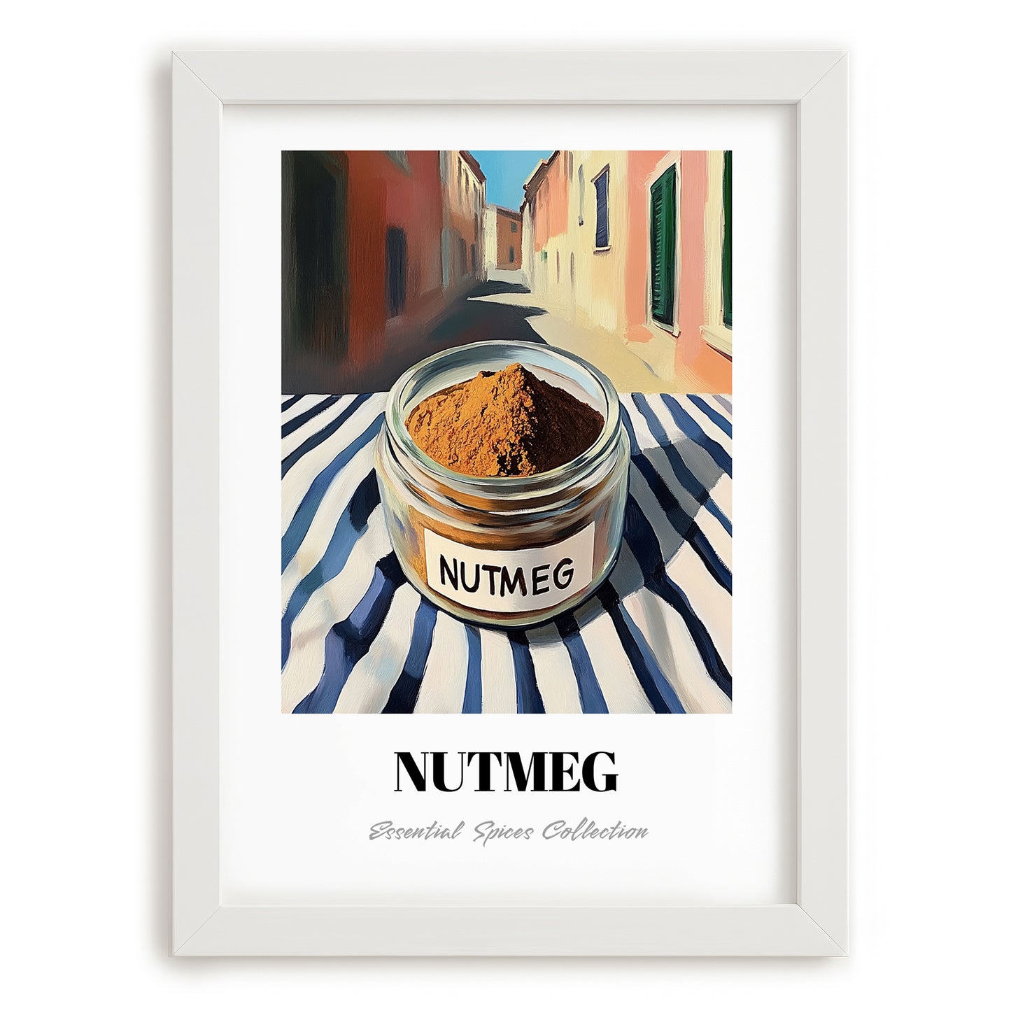 Nutmeg – Italian Street Café Scene, Spices Wall Decor, placed in minimal white frame