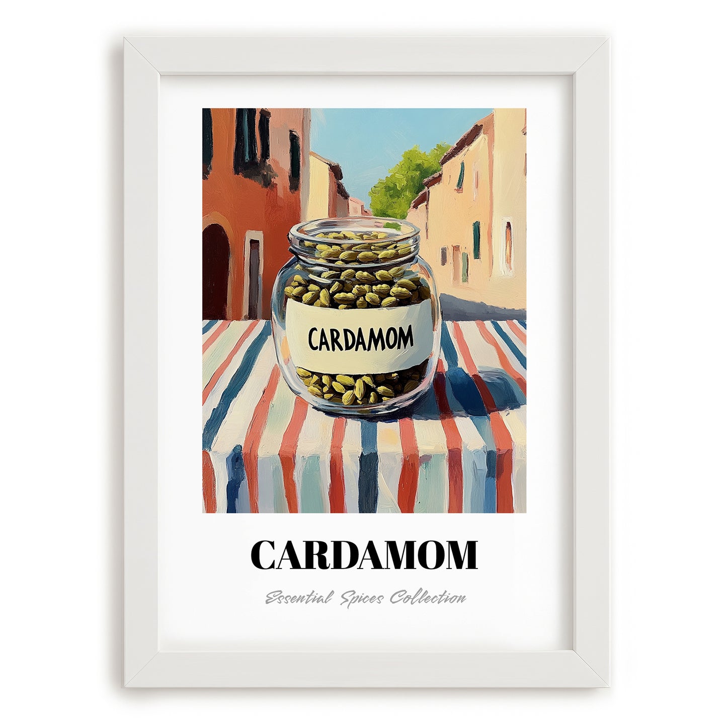 Cardamom – Italian Outdoor Café Scene, Spices Poster, placed in minimal white frame