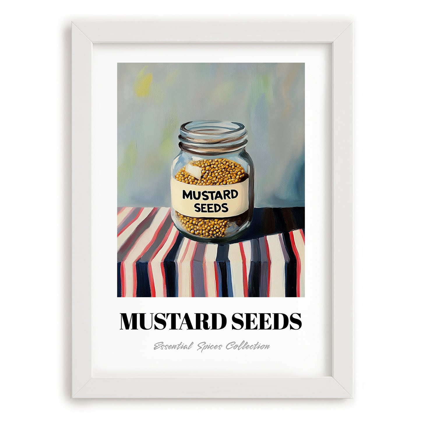 Mustard Seeds – on Striped Tablecloth, Spices Print, placed in minimal white frame