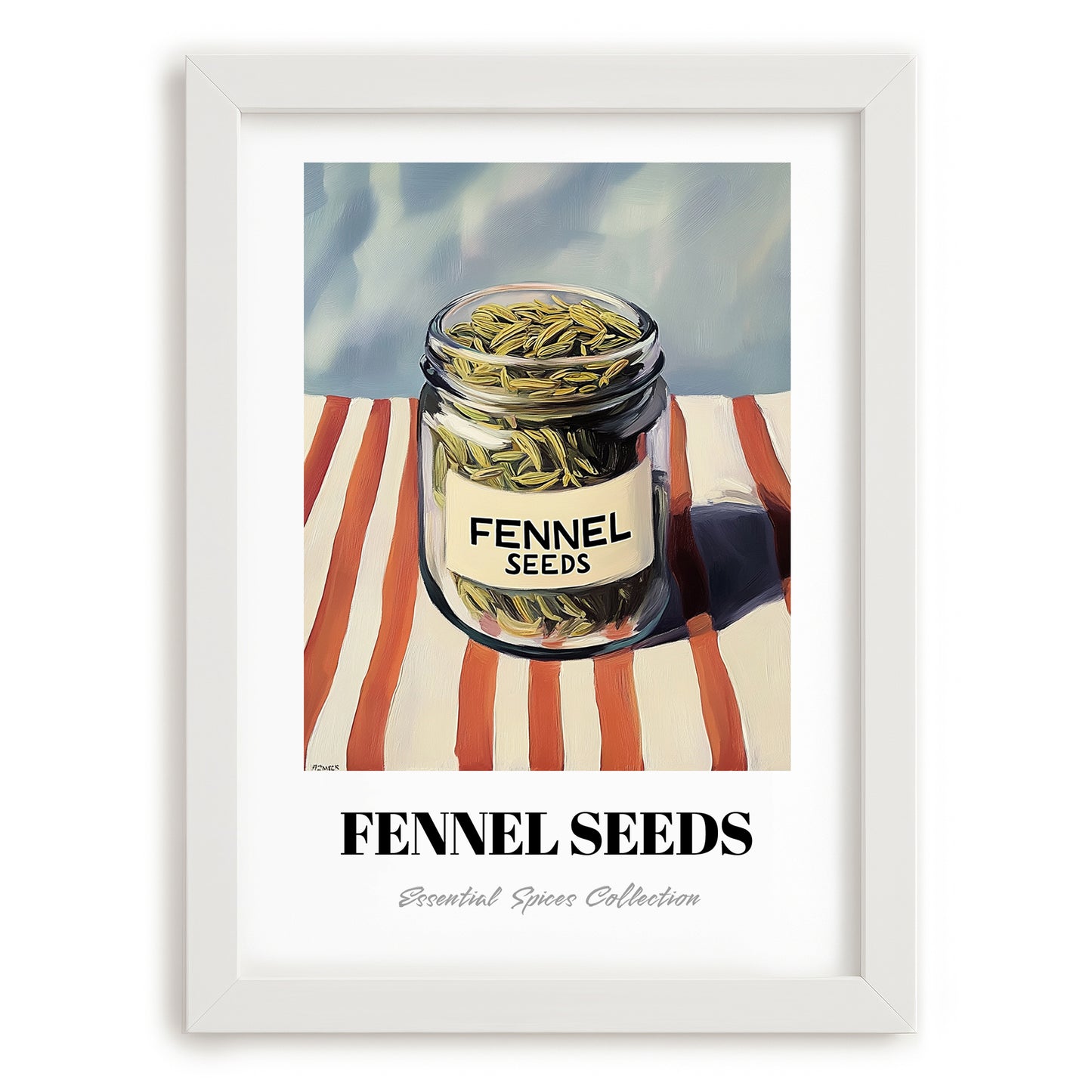 Fennel Seeds – on Striped Tablecloth, Spices Art, placed in minimal white frame