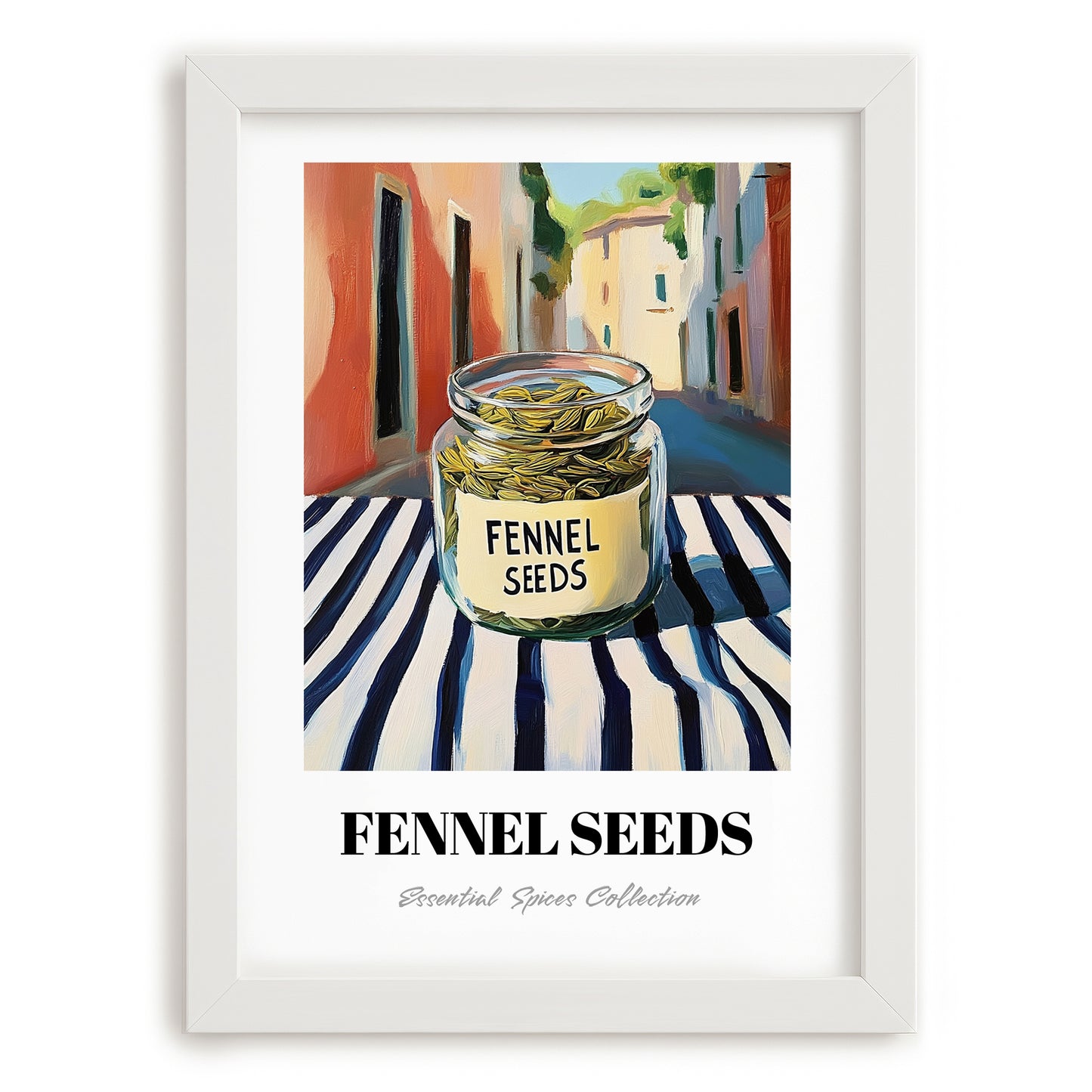Fennel Seeds – Italian Street Café Scene, Spices Still Life, placed in minimal white frame