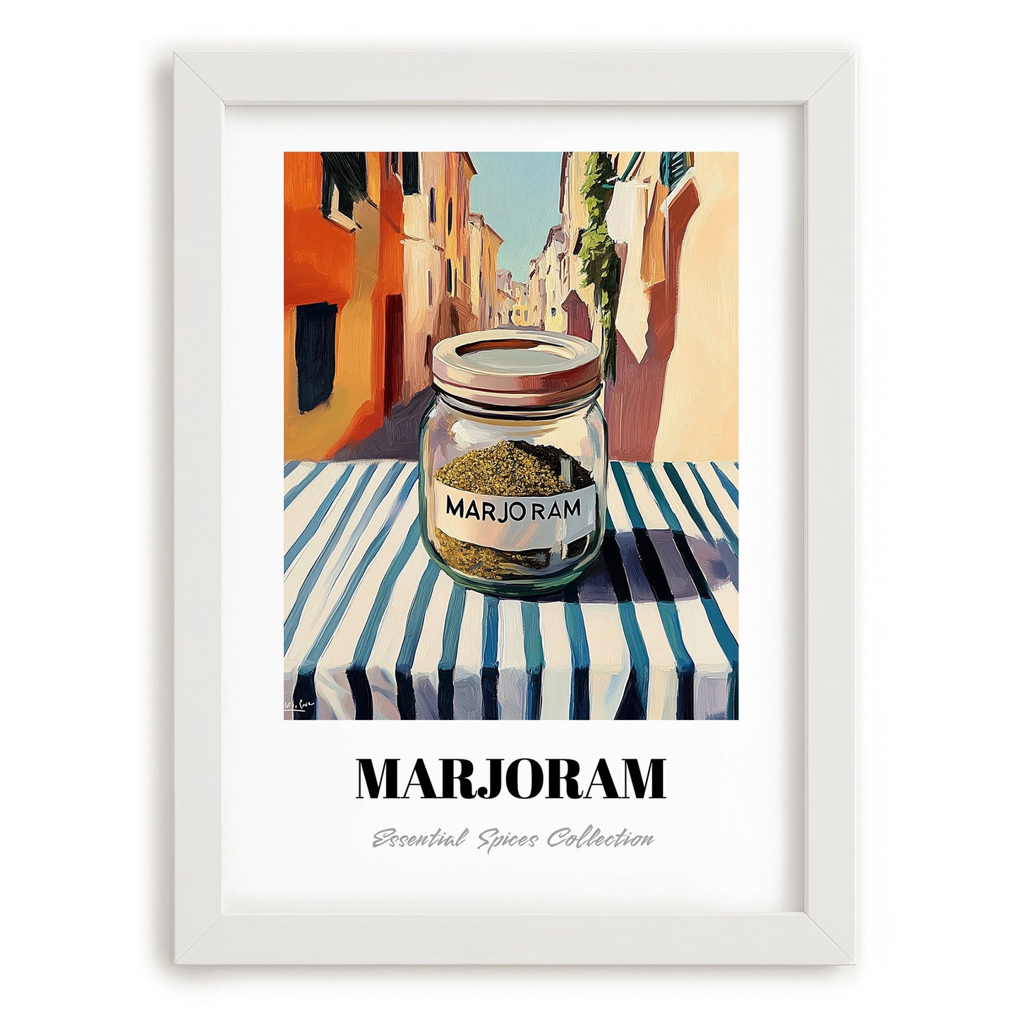 Marjoram – Italian Urban Café Scene, Spices Wall Decor, placed in minimal white frame
