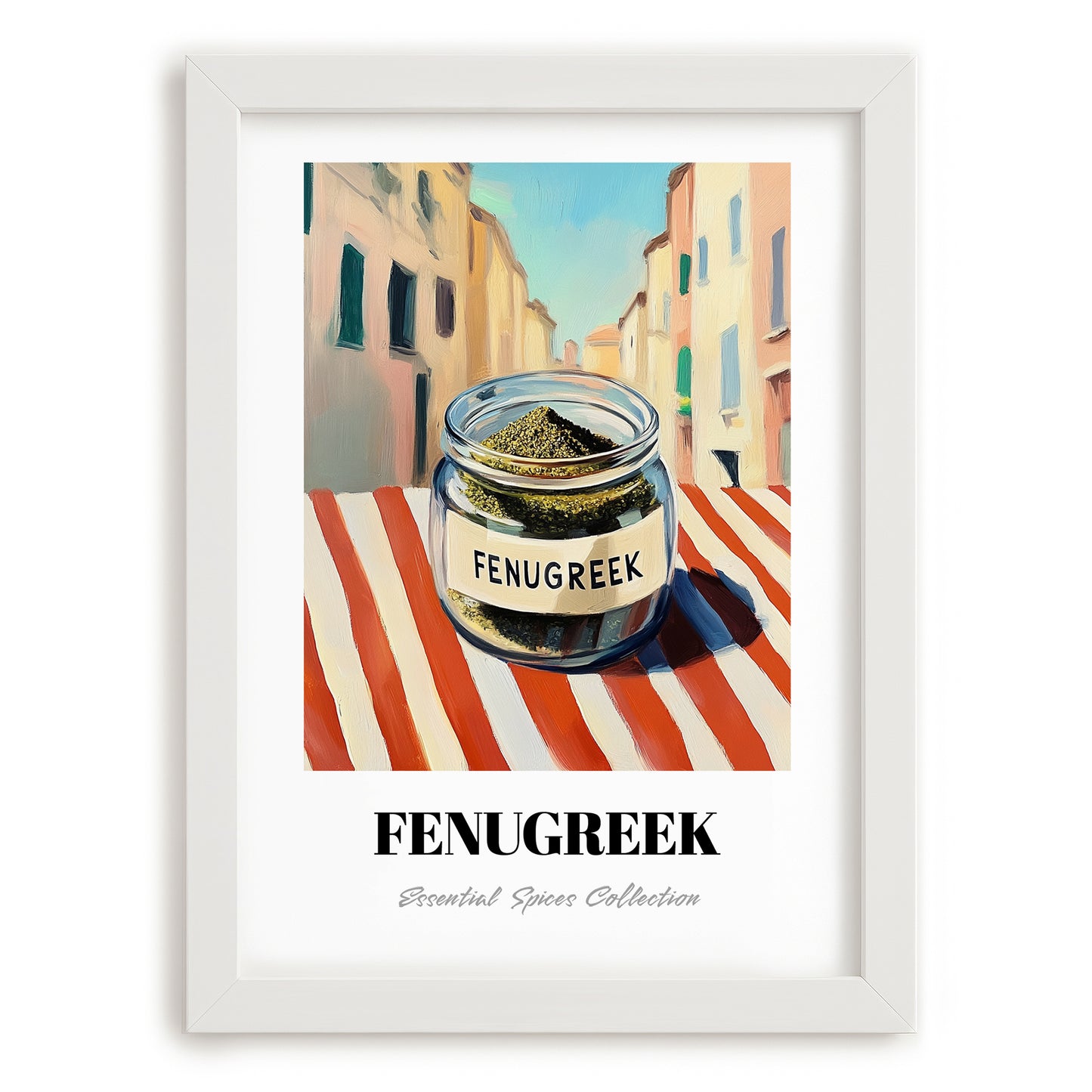 Fenugreek – Italian Urban Café Scene, Spices Illustration, placed in minimal white frame