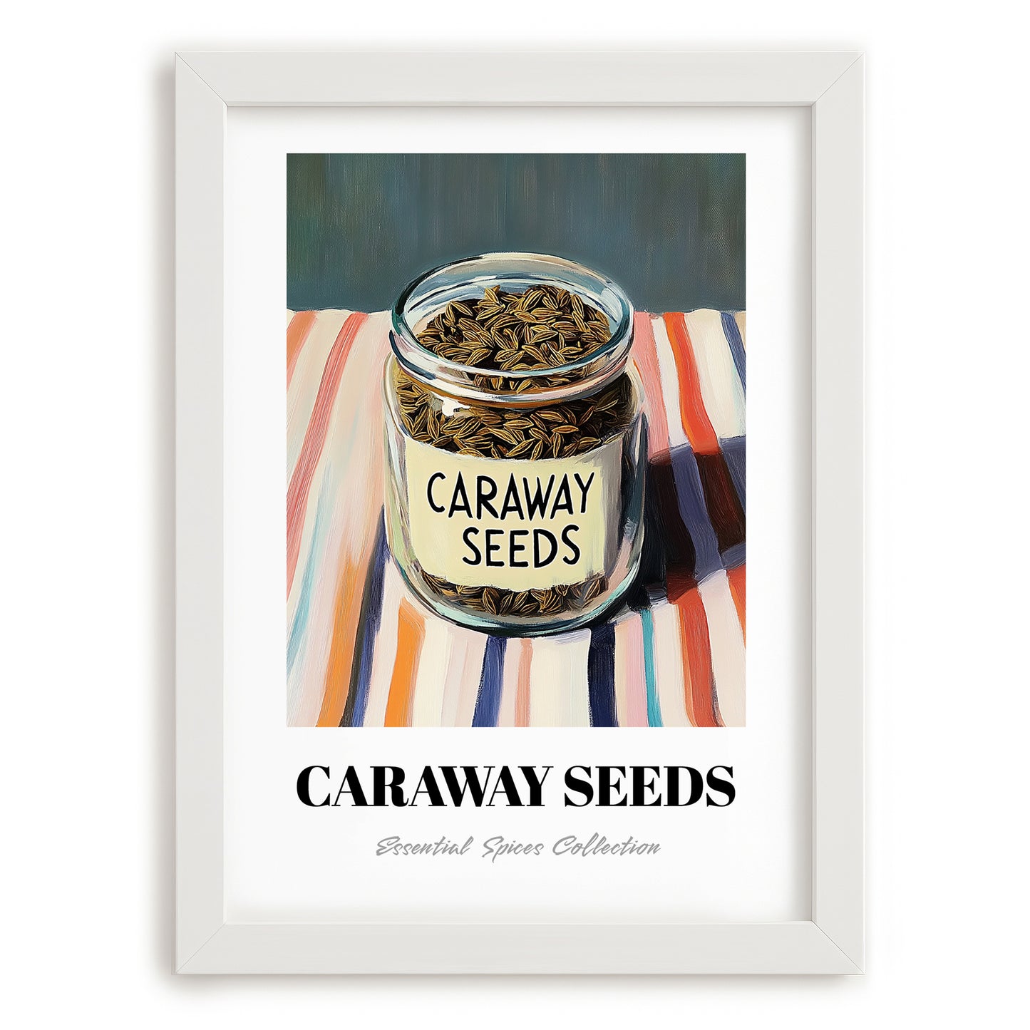 Caraway Seeds – on Striped Tablecloth, Spices Wall Poster, placed in minimal white frame