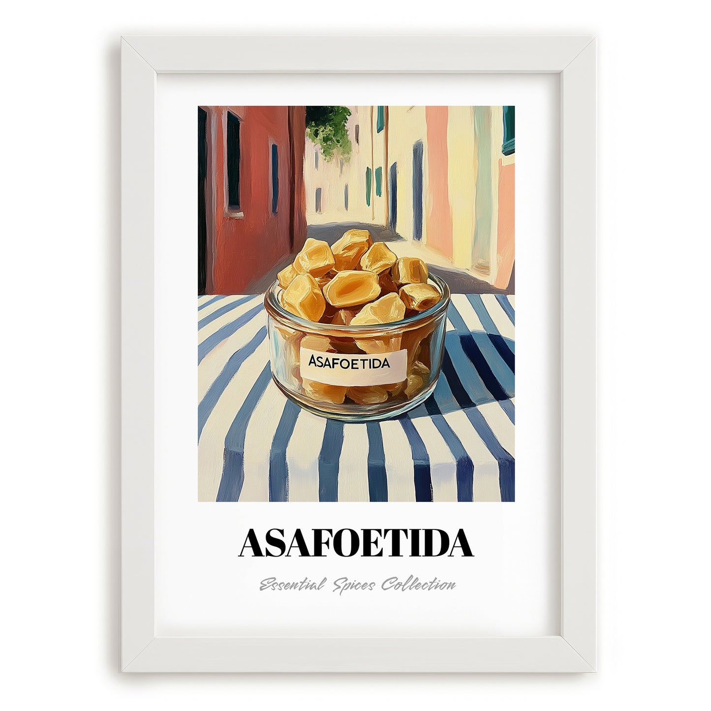 Asafoetida – Italian Café on the Corner, Spices Still Life, placed in minimal white frame