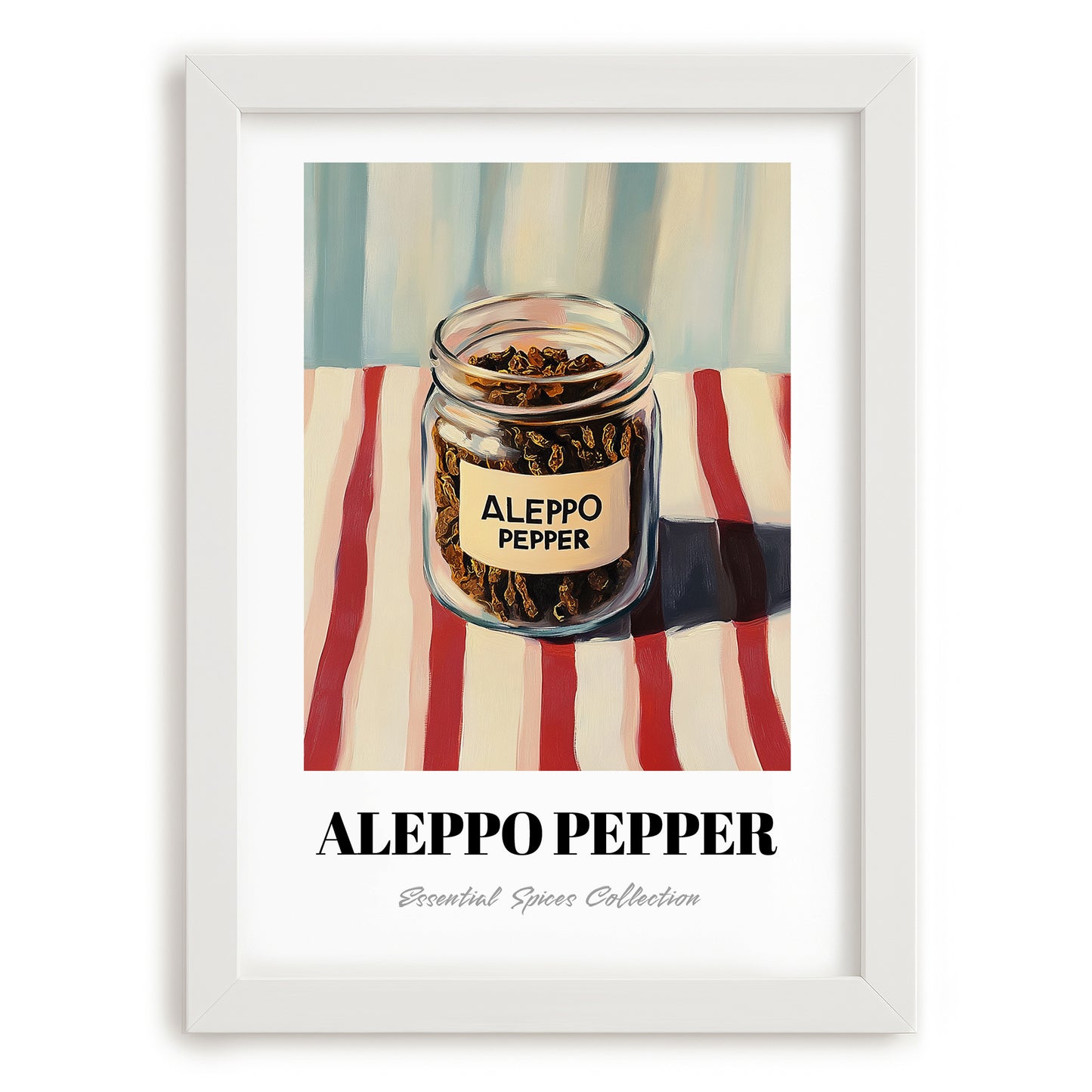 Aleppo Pepper – on Striped Tablecloth, Spices Painting, placed in minimal white frame
