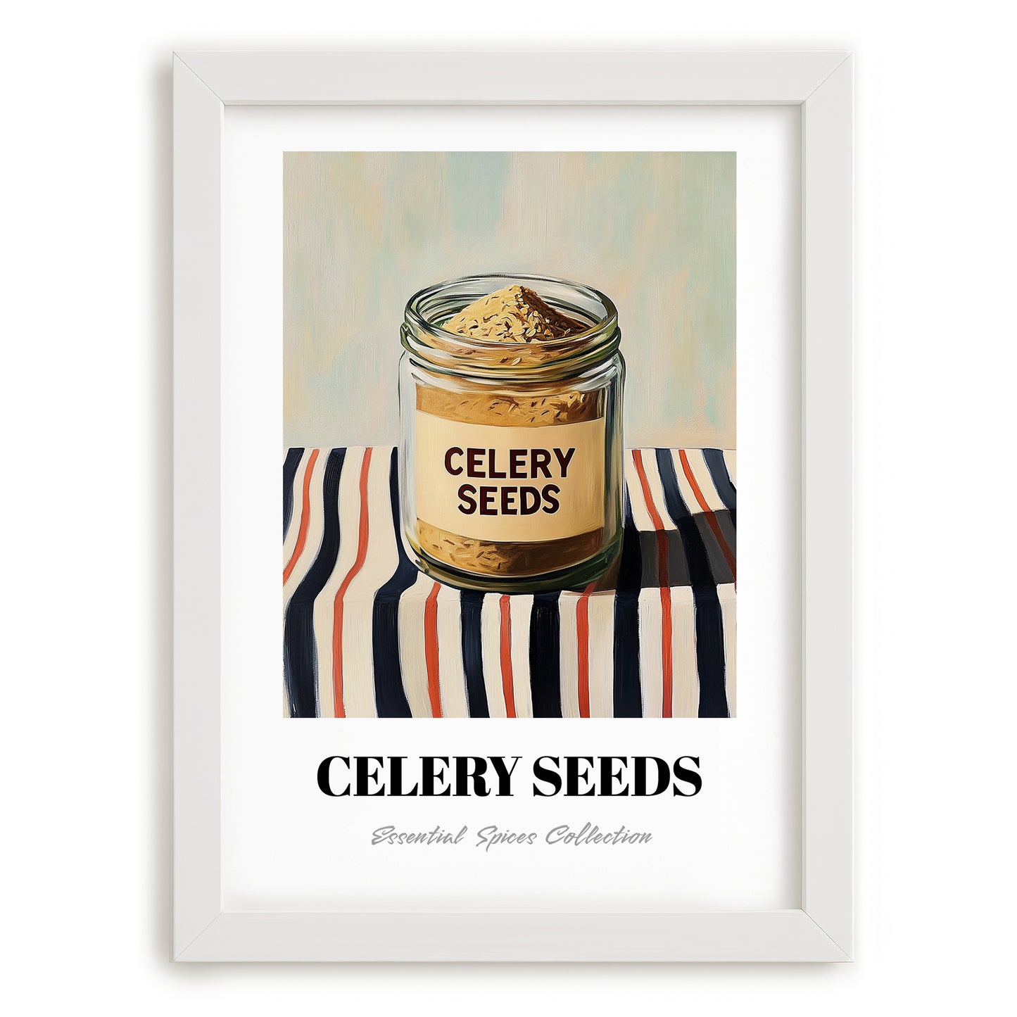 Celery Seeds – on Striped Tablecloth, Spices Print, placed in minimal white frame