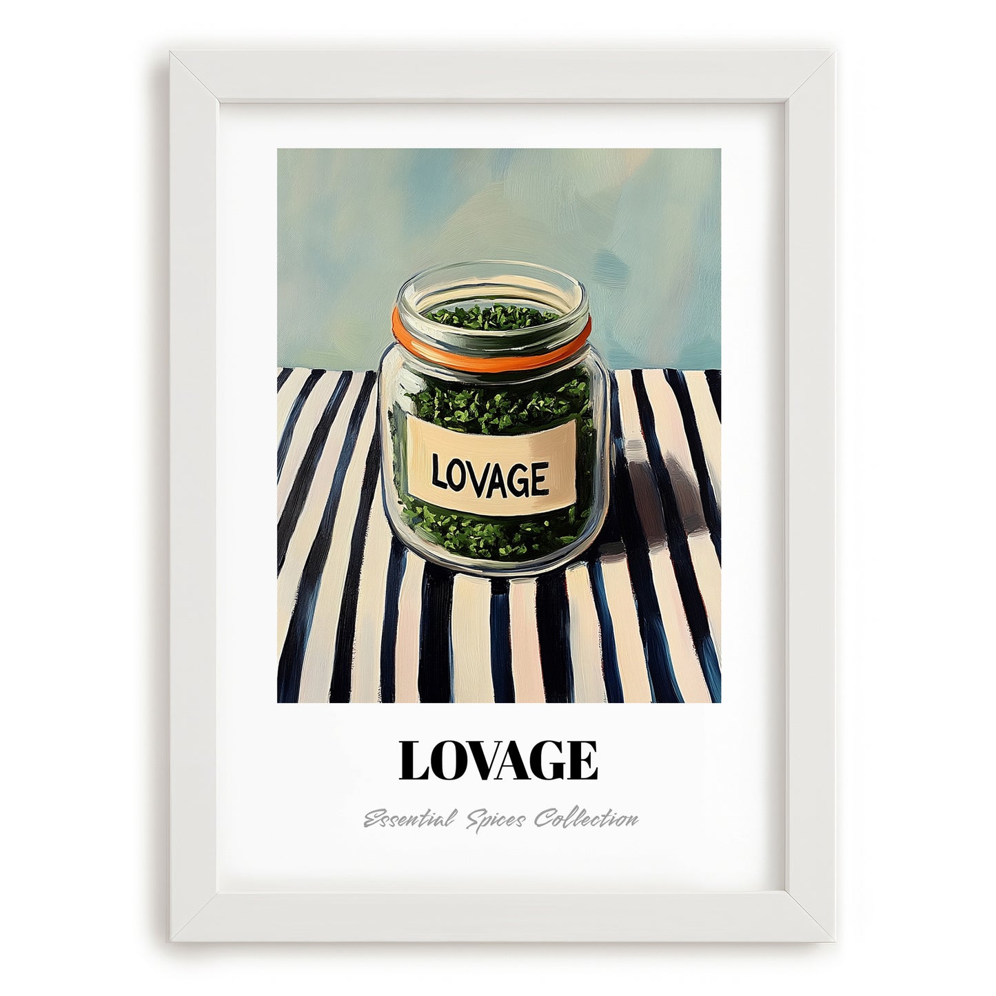 Lovage – on Striped Tablecloth, Spices Painting, placed in minimal white frame
