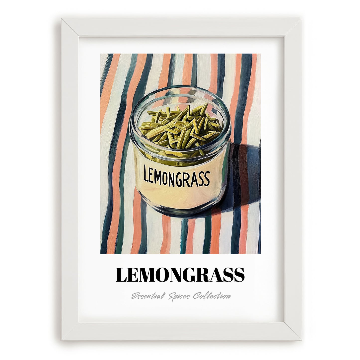 Lemongrass – on Striped Tablecloth, Spices Illustration, placed in minimal white frame