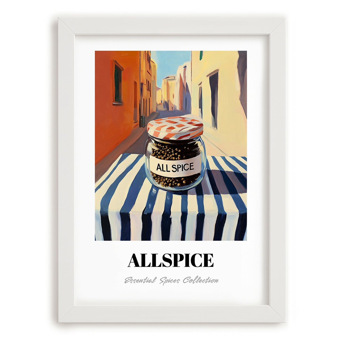 Allspice – Italian Urban Café Scene, Spices Art, placed in minimal white frame