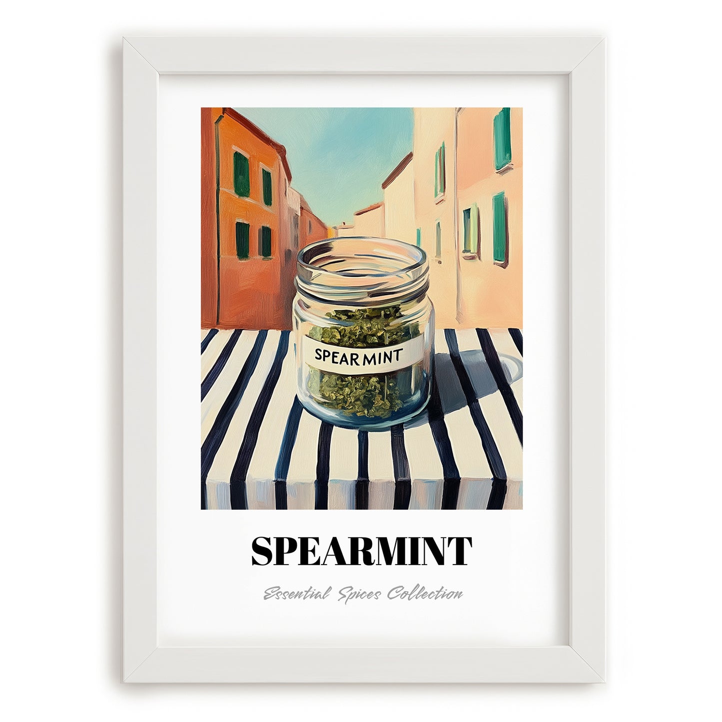Spearmint – Italian Urban Café Scene, Spices Poster, placed in minimal white frame