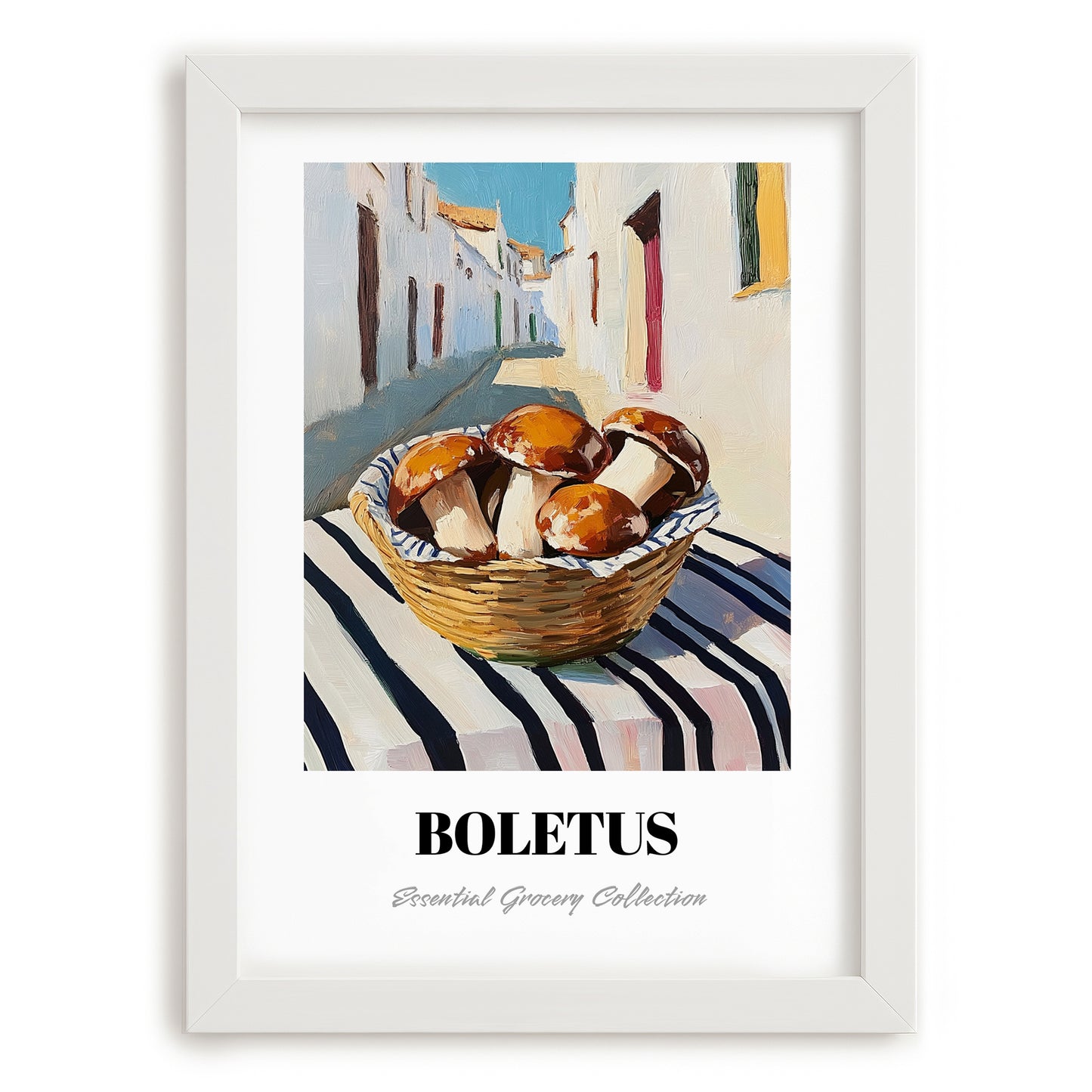 Porcini – White village Street Café Scene, Mushrooms Art, placed in minimal white frame