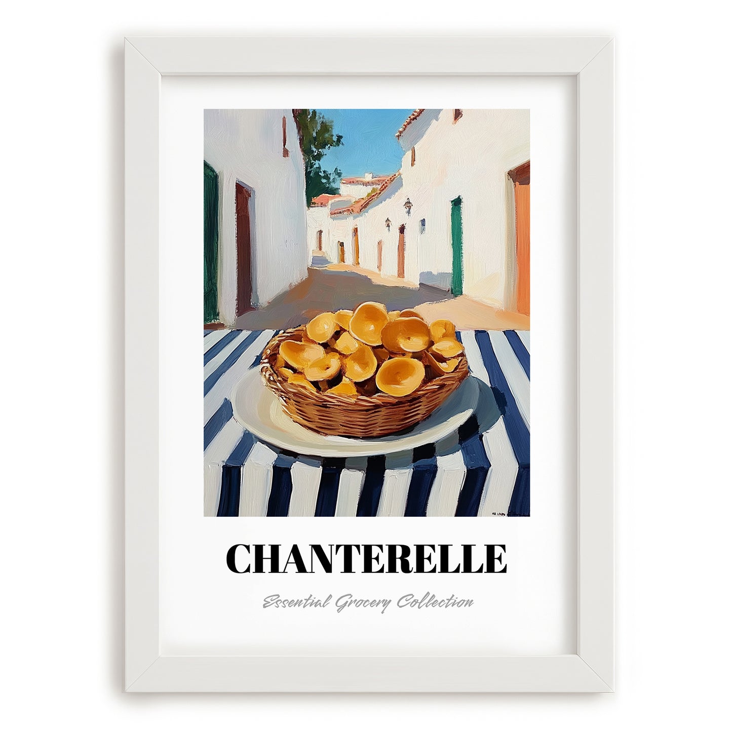 Chanterelle – White village Café on the Corner, Mushrooms Wall Painting, placed in minimal white frame