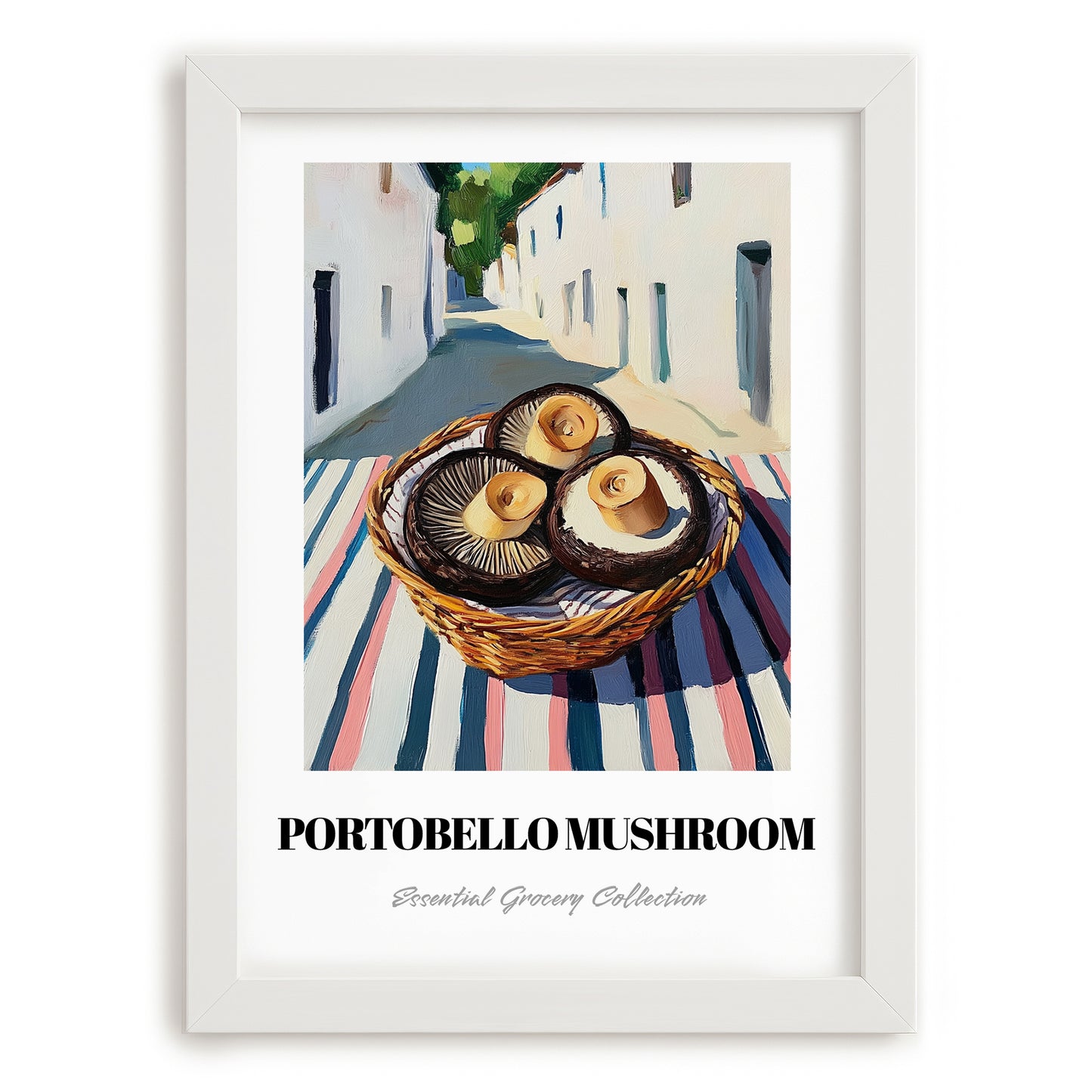 Portobello Mushroom – White village Street Café Scene, Mushrooms Illustration, placed in minimal white frame