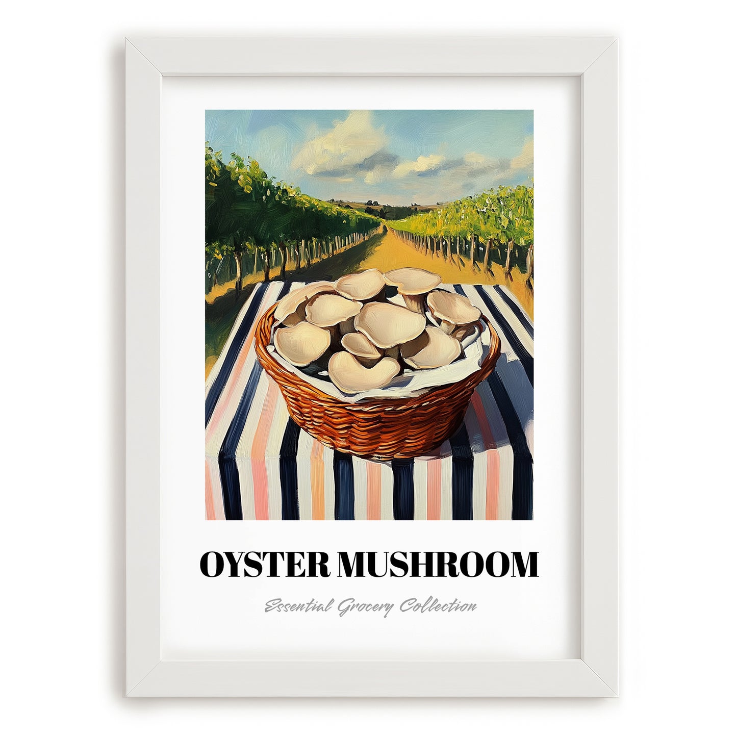 Oyster Mushroom – Green Valley Landscape, Mushrooms Illustration, placed in minimal white frame