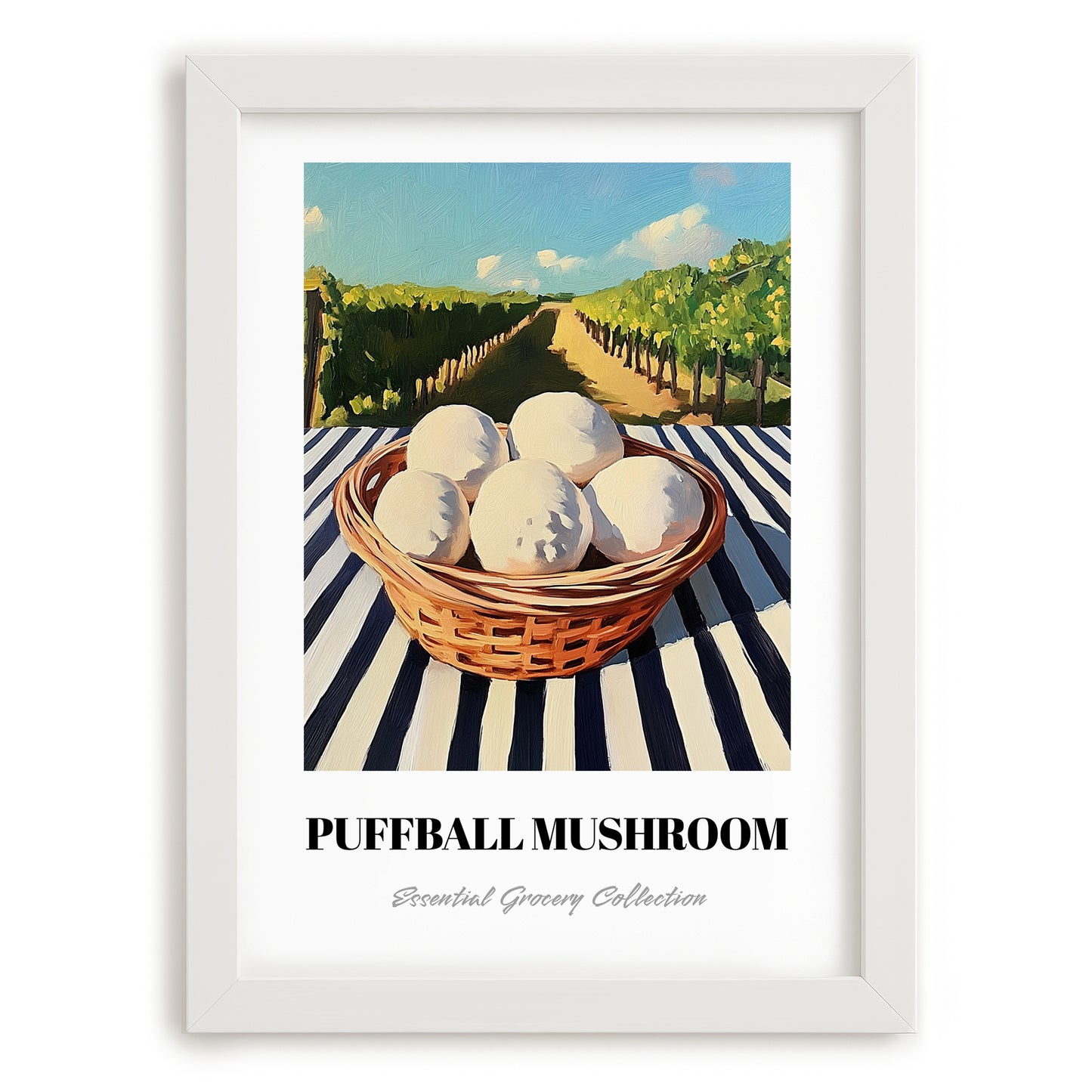 Puffball Mushroom – Green Valley Landscape, Mushrooms Illustration, placed in minimal white frame