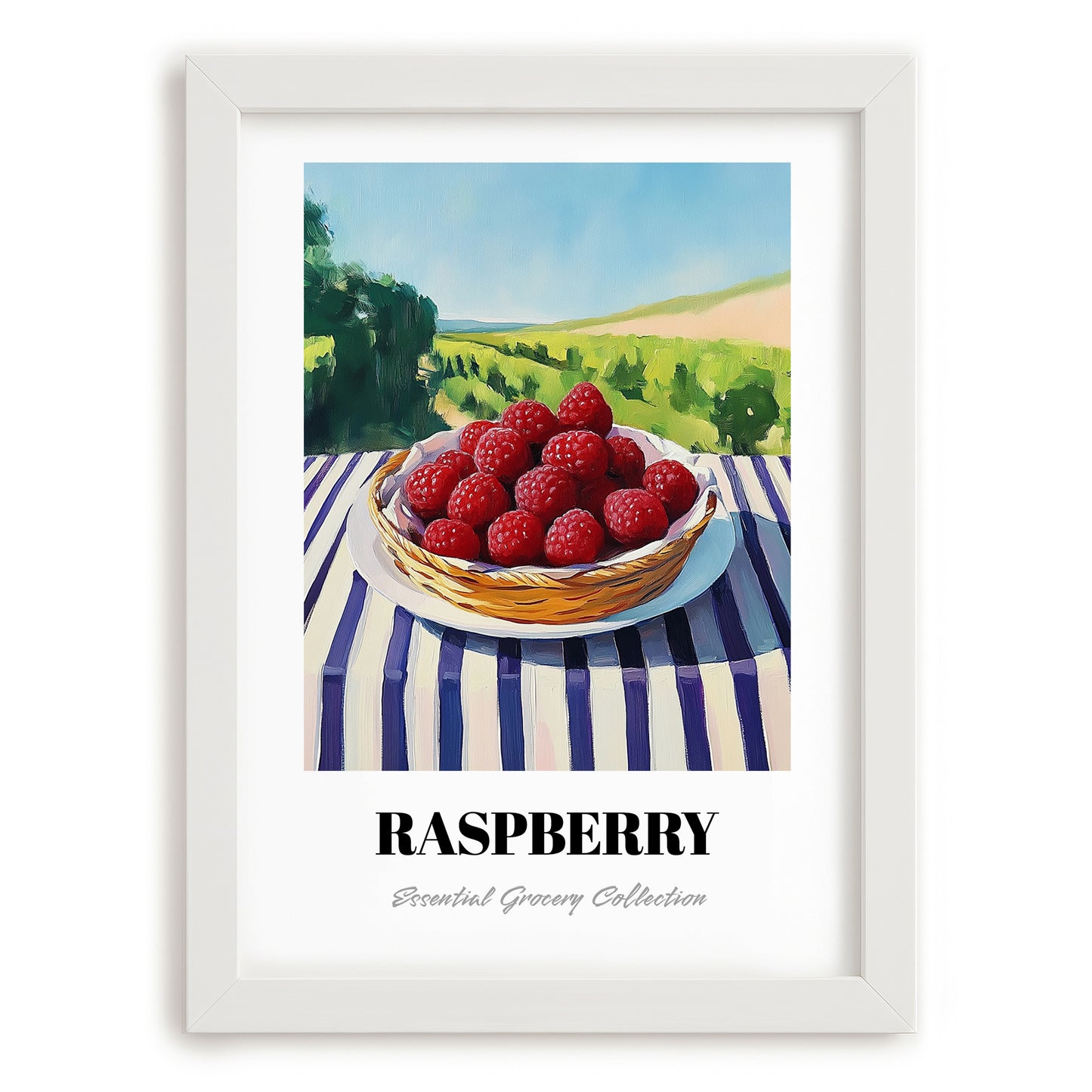 Raspberry – Valley Café Scene, Berries Wall Decor, placed in minimal white frame