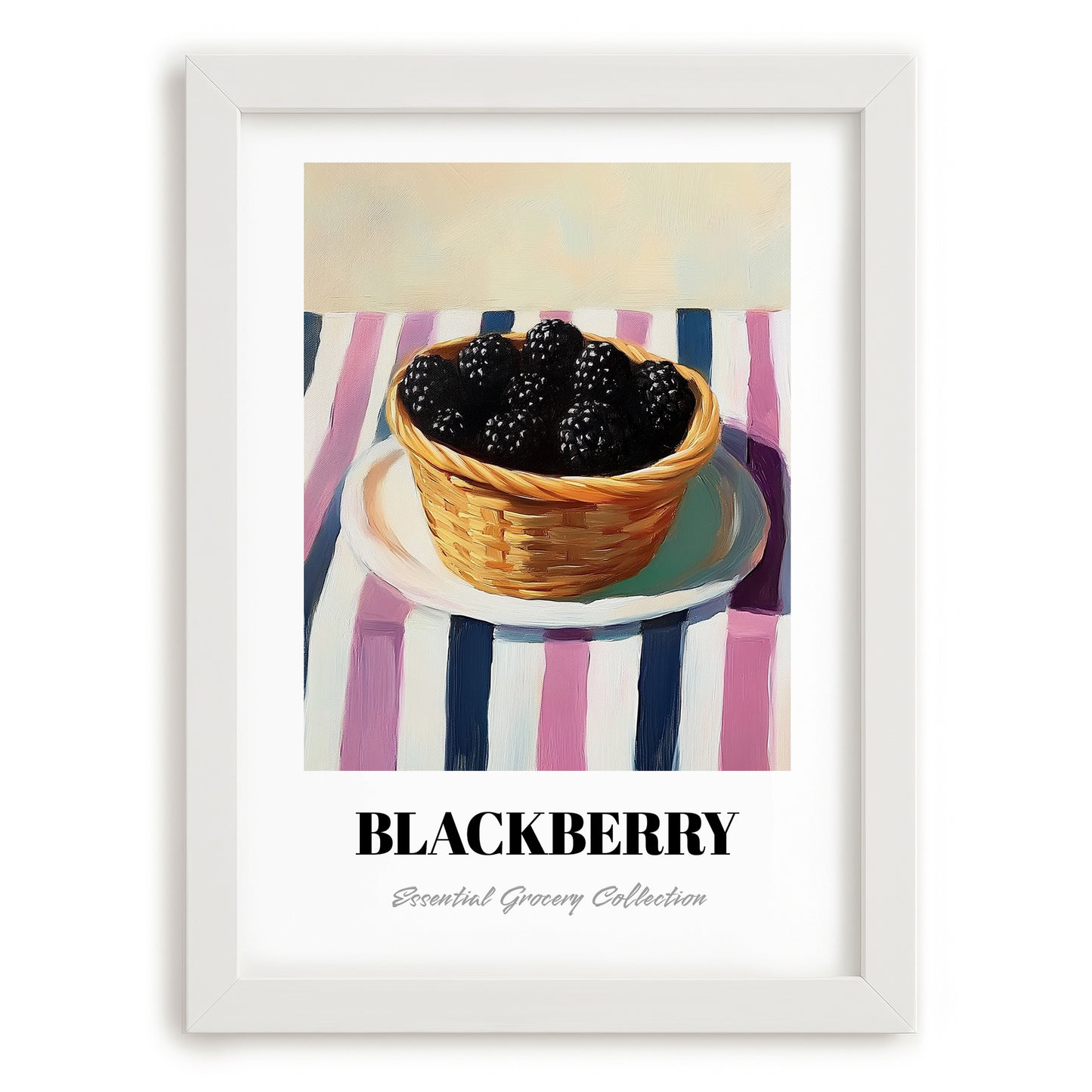 Blackberry – on Striped Tablecloth, Berries Poster, placed in minimal white frame