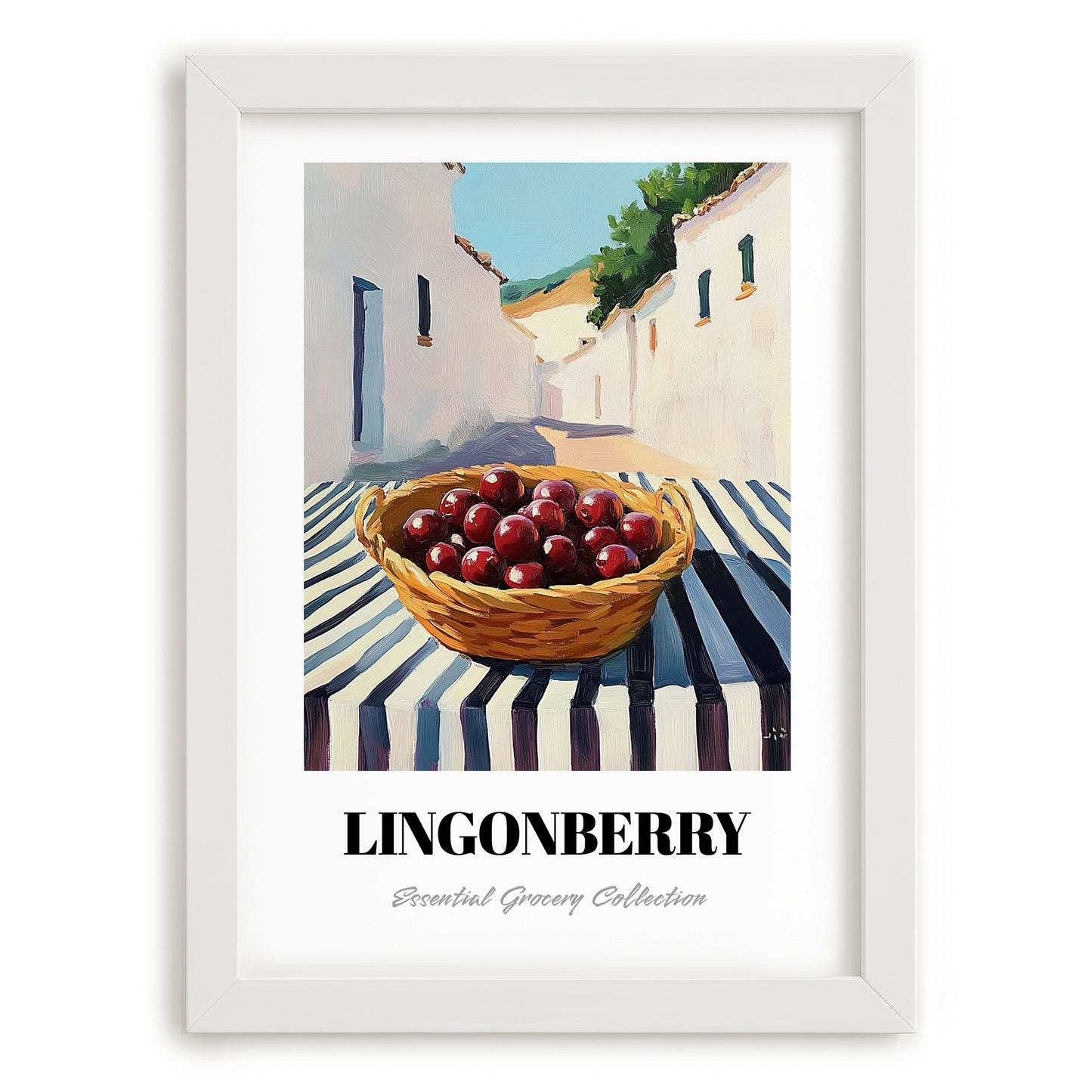 Lingonberry – White village Outdoor Café Scene, Berries Painting, placed in minimal white frame