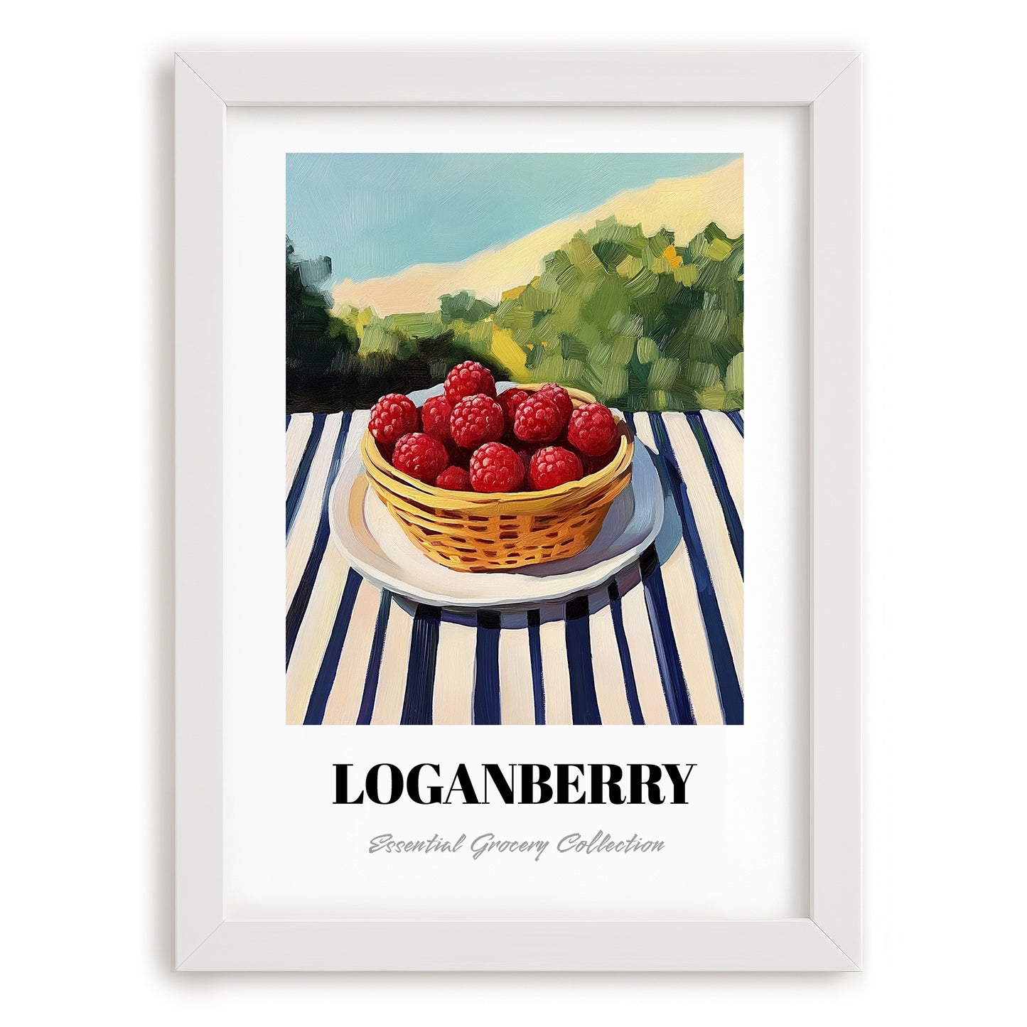 Loganberry – Green Valley Landscape, Berries Wall Decor, placed in minimal white frame