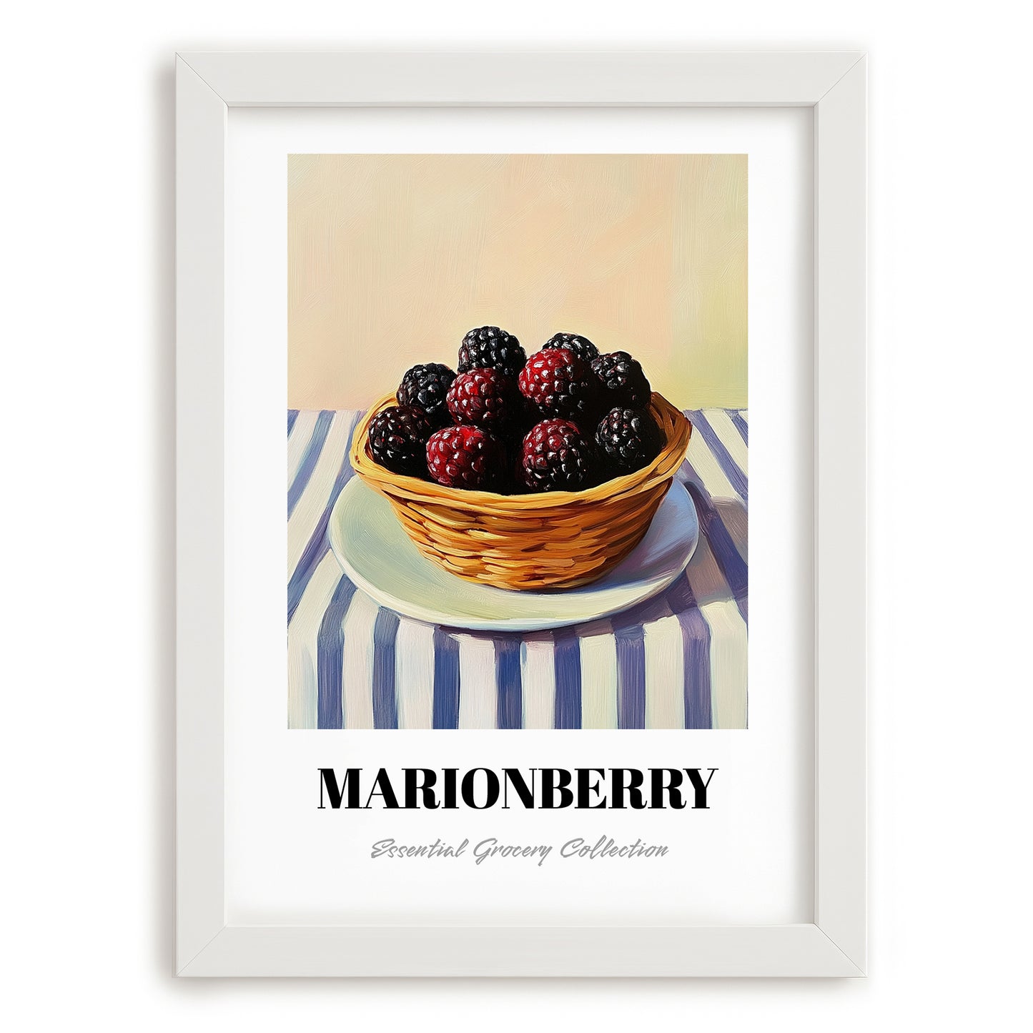 Marionberry – on Striped Tablecloth, Berries Wall Decor, placed in minimal white frame