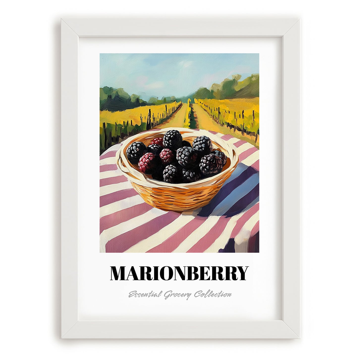 Marionberry – Valley Café Scene, Berries Art, placed in minimal white frame