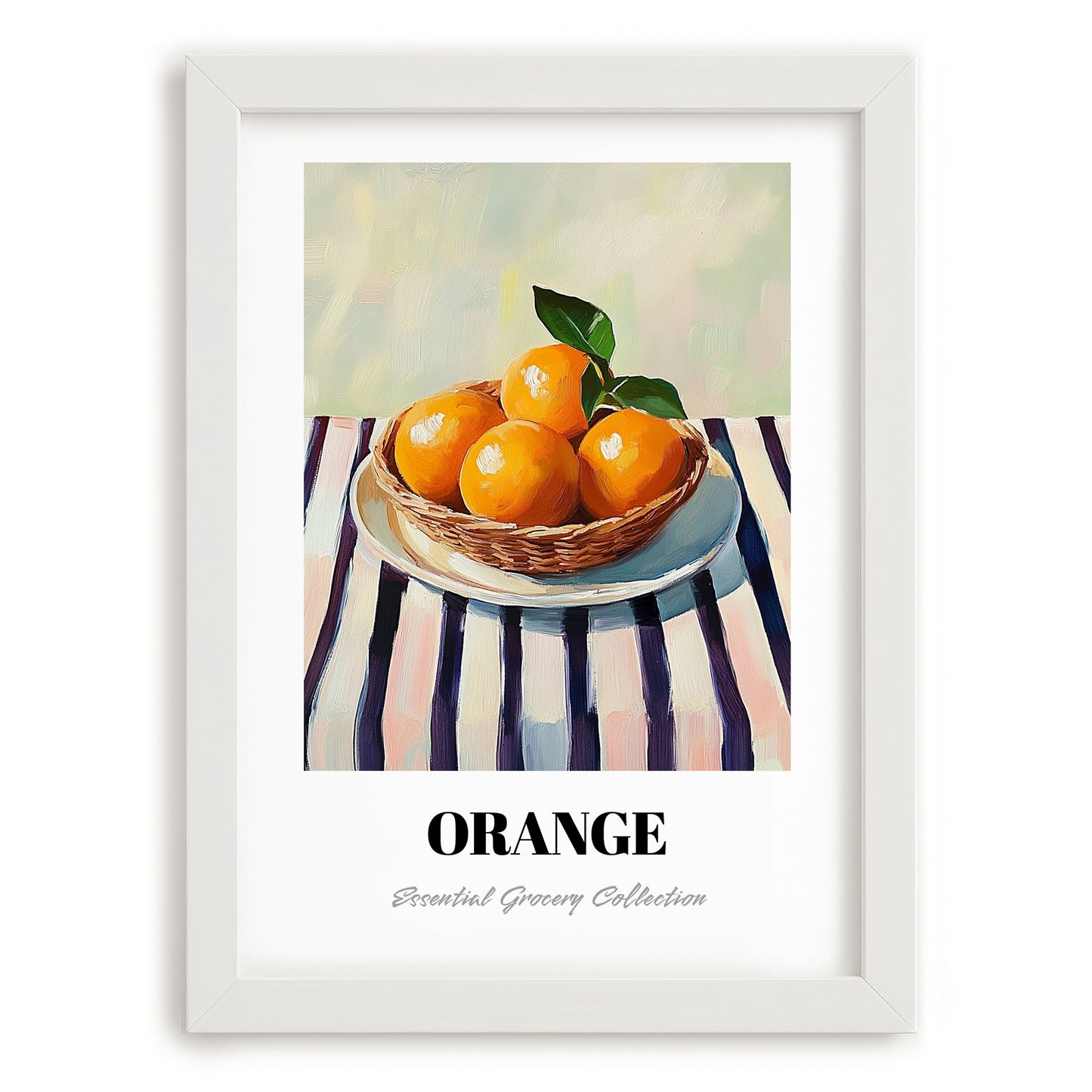 Orange – on Striped Tablecloth, Fruit Still Life, placed in minimal white frame