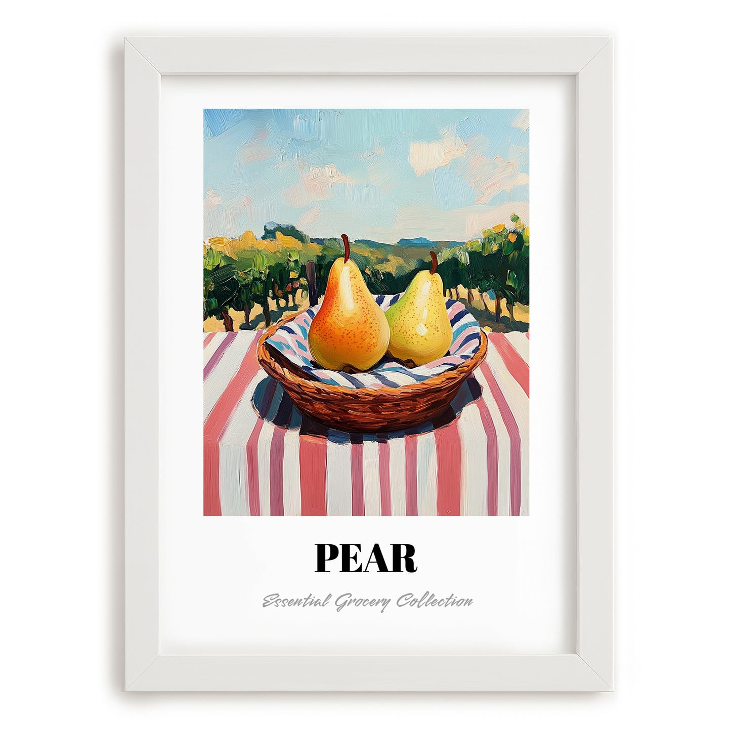 Pear – Green Valley Landscape, Fruit Still Life, placed in minimal white frame