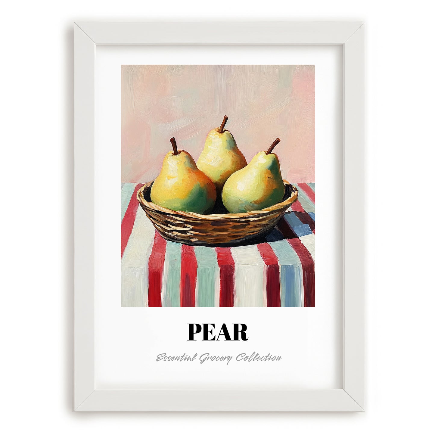 Pear – on Striped Tablecloth, Fruit Wall Decor, placed in minimal white frame