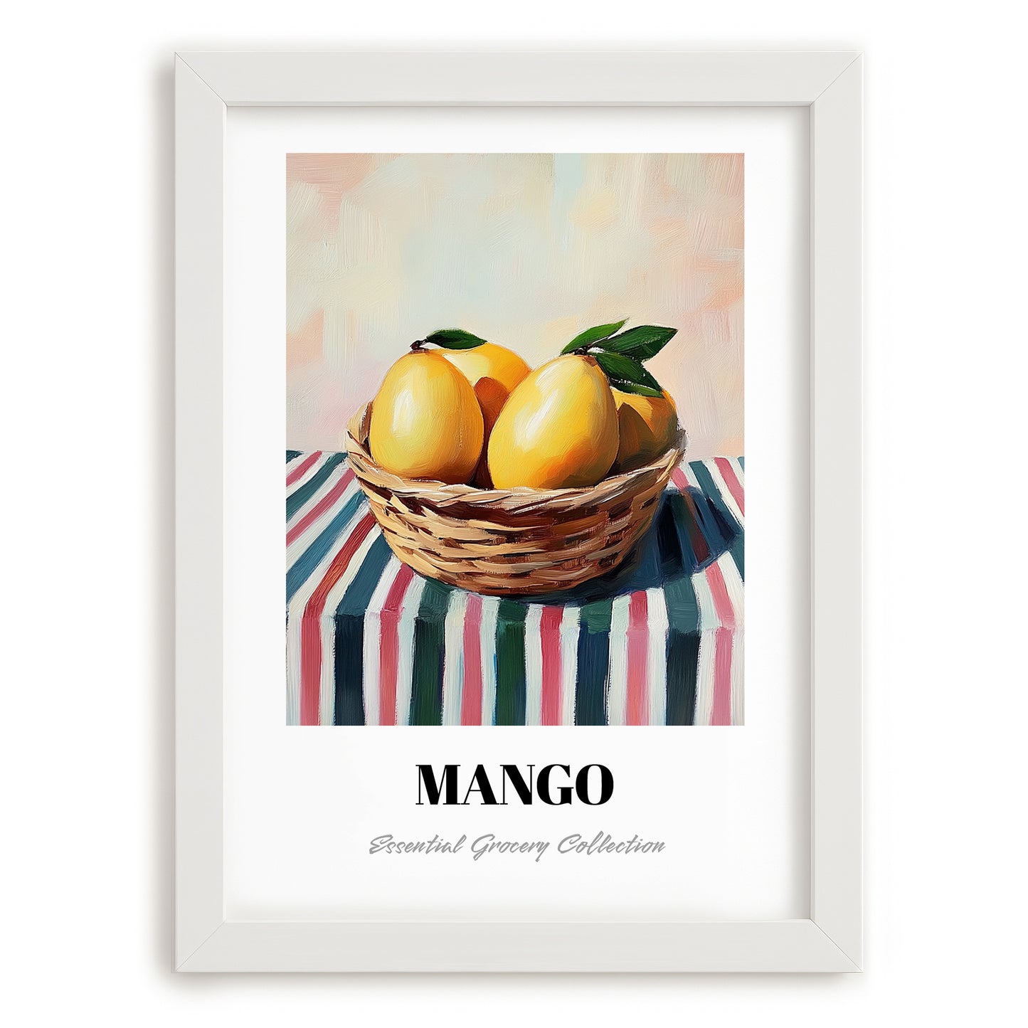 Mango – on Striped Tablecloth, Fruit Painting, placed in minimal white frame