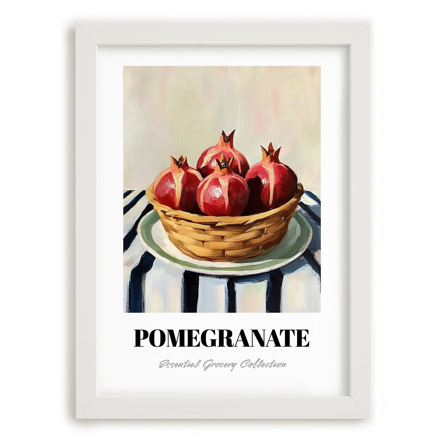 Pomegranate – on Striped Tablecloth, Fruit Illustration, placed in minimal white frame